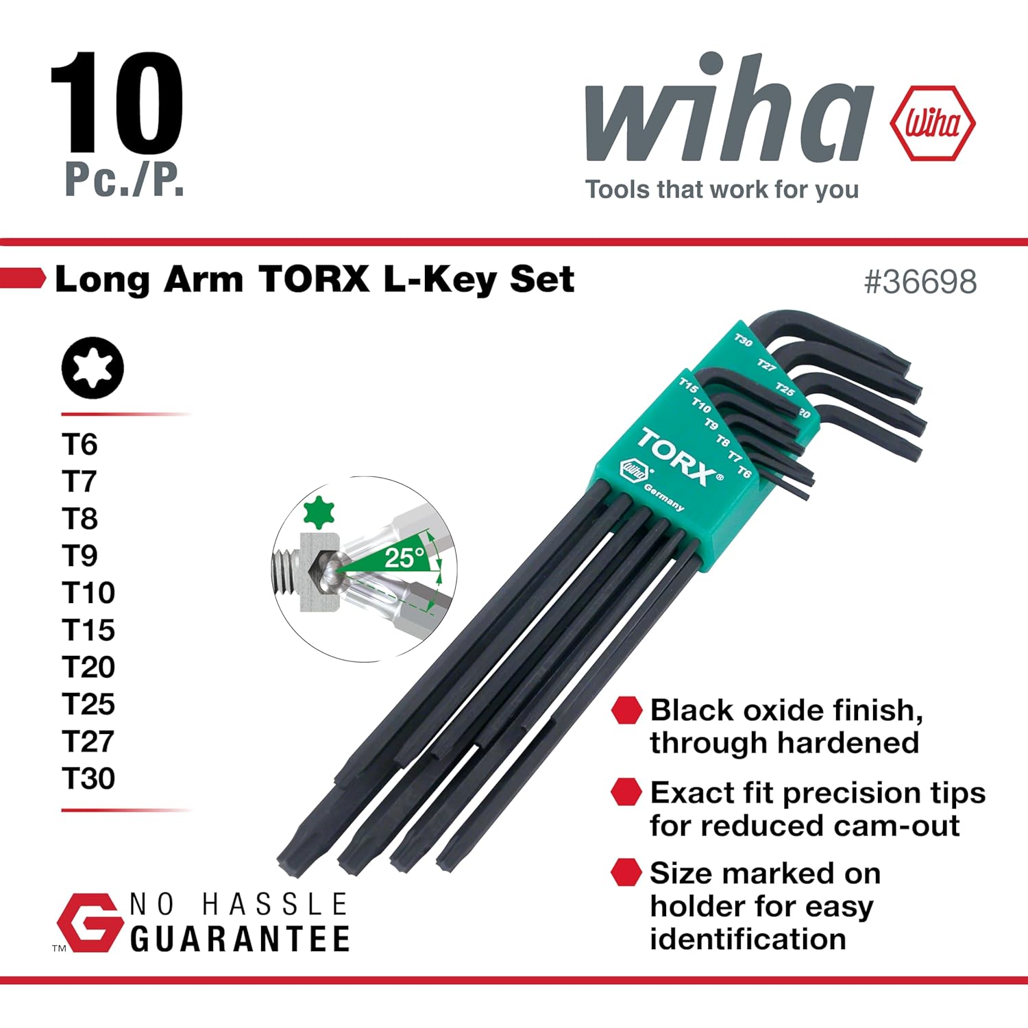 Wiha 36698 Torx L-Key Set, 10 Piece, T6–T30, Extra-Long Reach, Black Oxide, CRM-72 Tool Steel