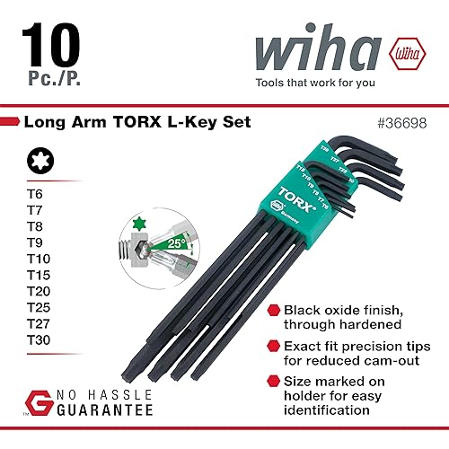 Miniatura 3 de Wiha 36698 Torx Juego de llaves en L, 10 piezas, T6–T30, alcance extra largo, óxido negro, acero para herramientas CRM-72