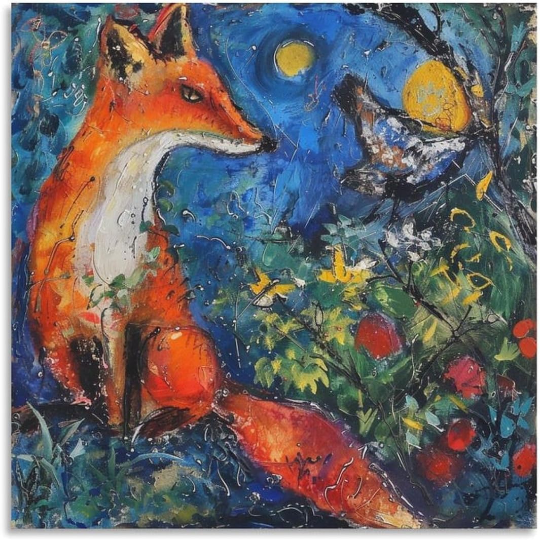 Orjdjz Wxkbl The fox and Bird By Marc Chagall Poster Retro Wall Art Marc Chagall Canvas Prints Abstract Painting for Home Wall Decor Picture 40x40cm No Frame