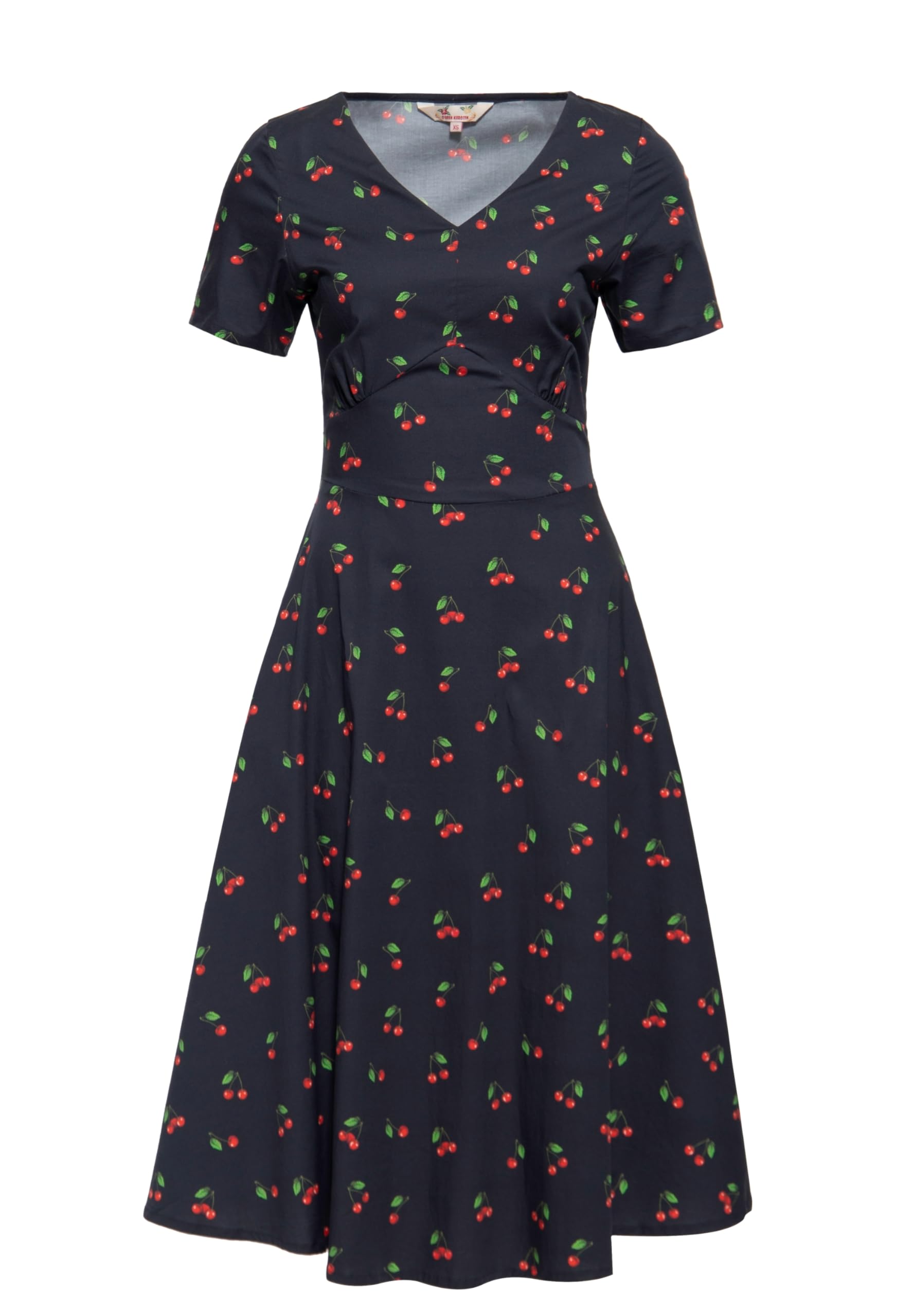 Queen Kerosin Vestido swing para mujer, vestido de verano, cereza, Rockabella, 50S, retro, vintage, cuello en V, manga corta, estampado integral, algodón cerezo