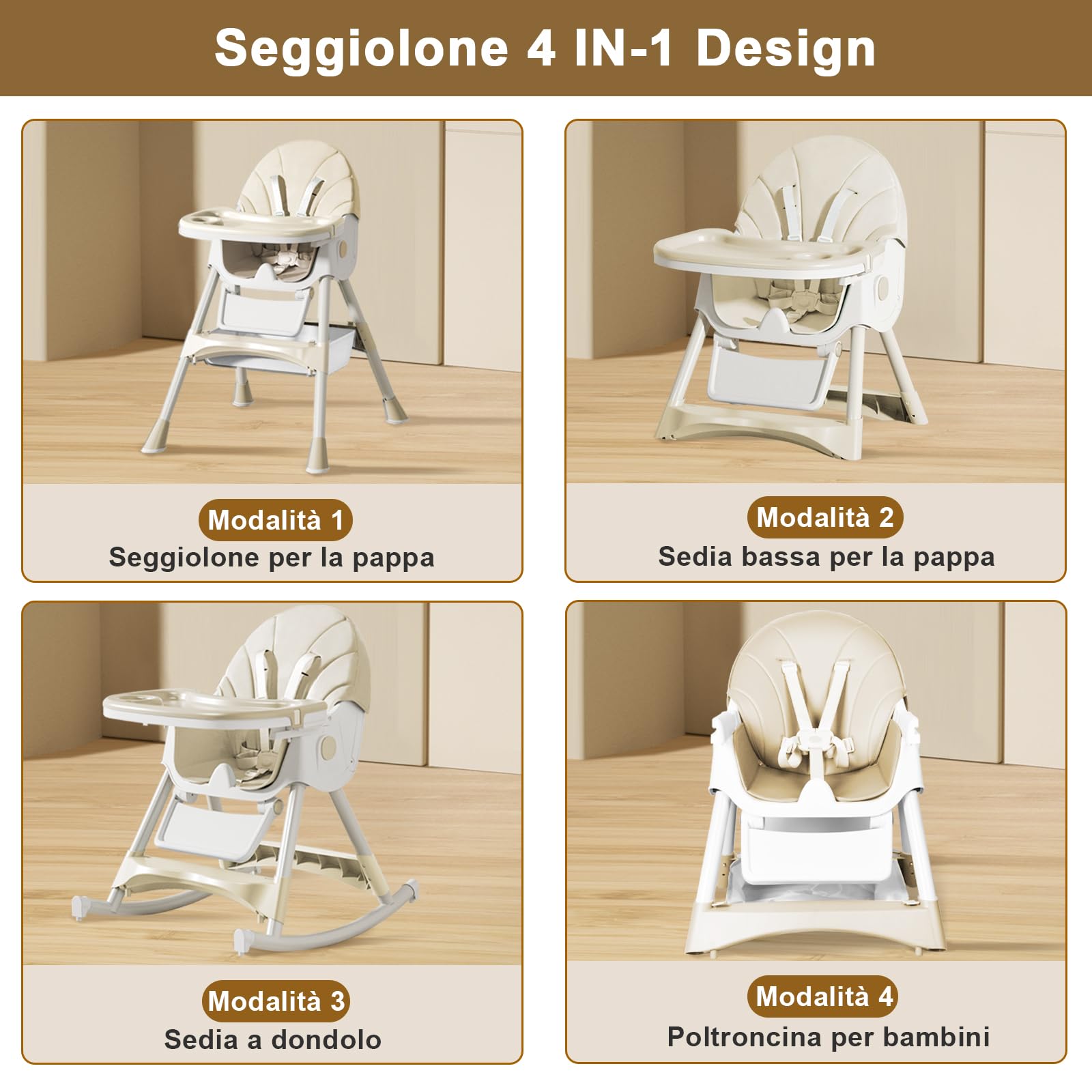 Seggiolone Pappa Pieghevole, Seggiolone Evolutivo con Dondolo Neonati, Piatto da Cena Smontabile, Schienale regolabile, per Bambini da 6 Mesi fino a 3 Anni, Beige