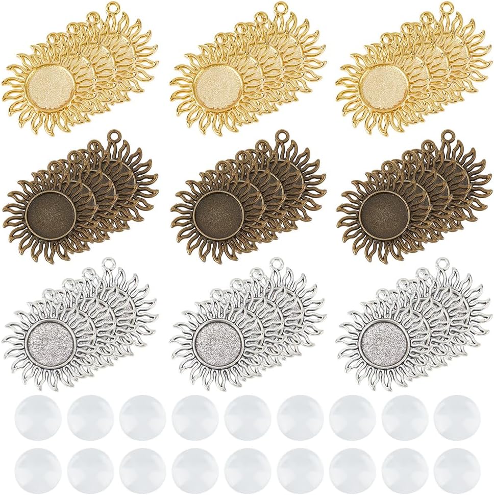 36 Pcs Sun Charms Pendants Trays Cabochon 3 Colors Craft Supplies Vintage Celestial Round Blank Bezel for DIY Necklace Bracelet Earring Chain Jewelry Decoration