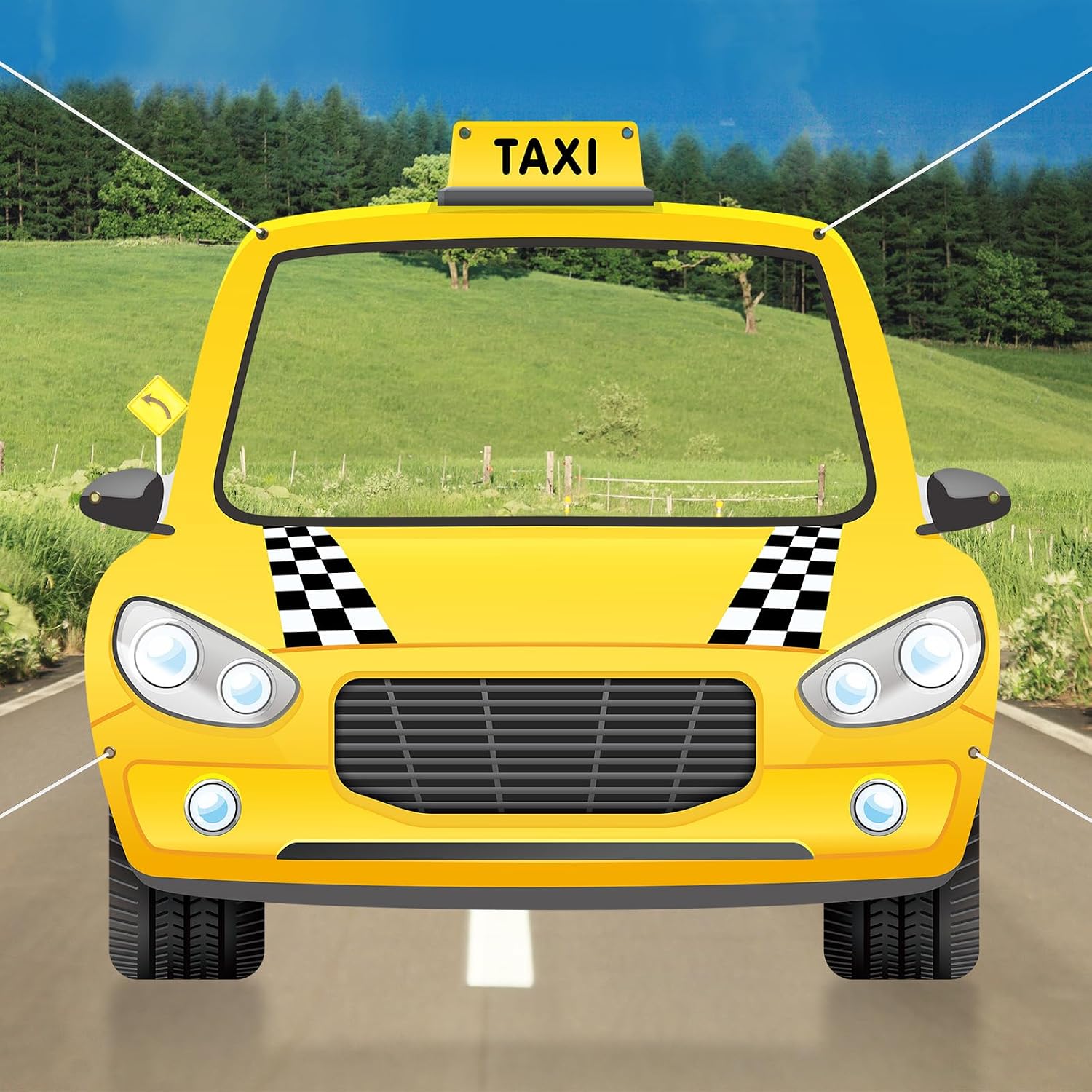 Fabric Taxi Themed NYC Photo Booth Car Themed Party Decoration Yellow Cab Background Taxi Selfie Backdrop Black and White Checkered Decor for Birthday Baby Shower Party Supplies 59 x 54.5 Inch