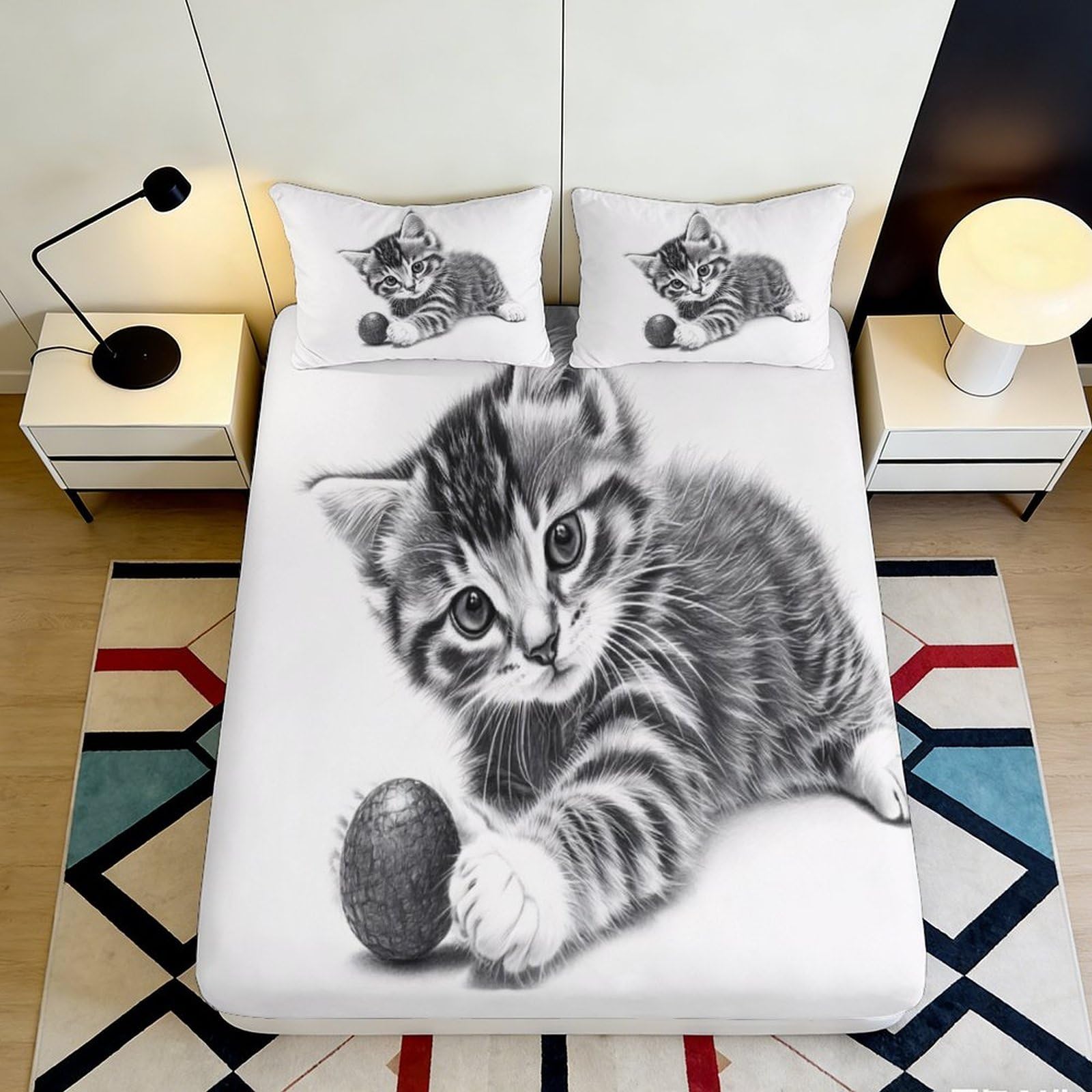 3D Printed Playful Kitten Fitted Sheet Microfiber Soft Bedroom Decor Cat Art Mattress Cover for Home Dorm 90x200x25cm