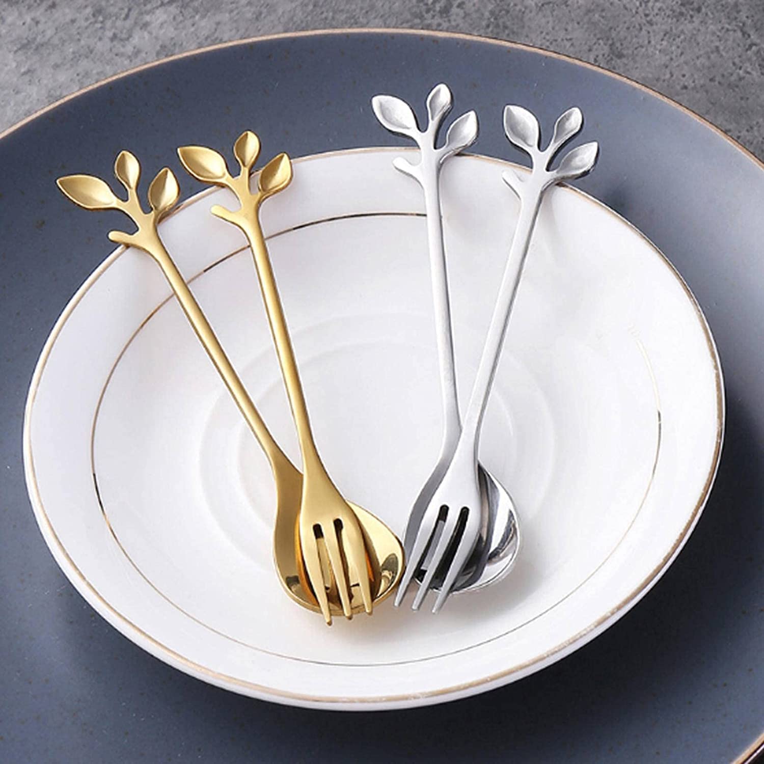 Löffel Restaurants Kreative Edelstahl Löffel Zweig Blätter Gabel Kaffee Küchenzubehör Geschirr Dekoration Esslöffel Hause(Gold Spoon)