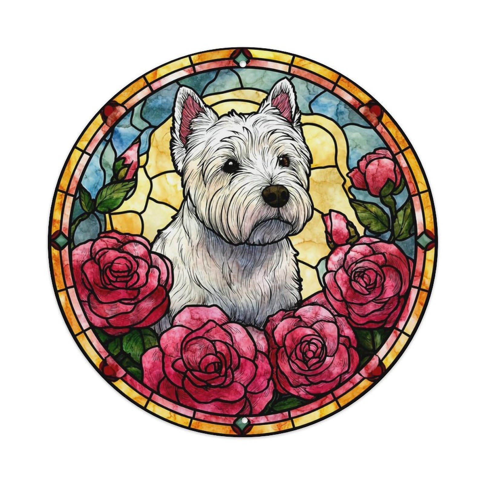 Stained Glass Dog Roses Pattern_3 Round Tin Sign Vintage Metal Sign Home Bar Garden Indoor & Outdoor Wall Decor Retro Metal Poster 8x8 Inch