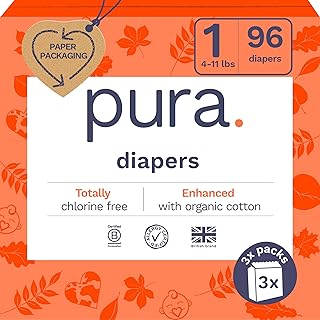 Pura Hypoallergenic Diapers, Size 1 (4-11lbs), Newborn, Totally Chlorine...