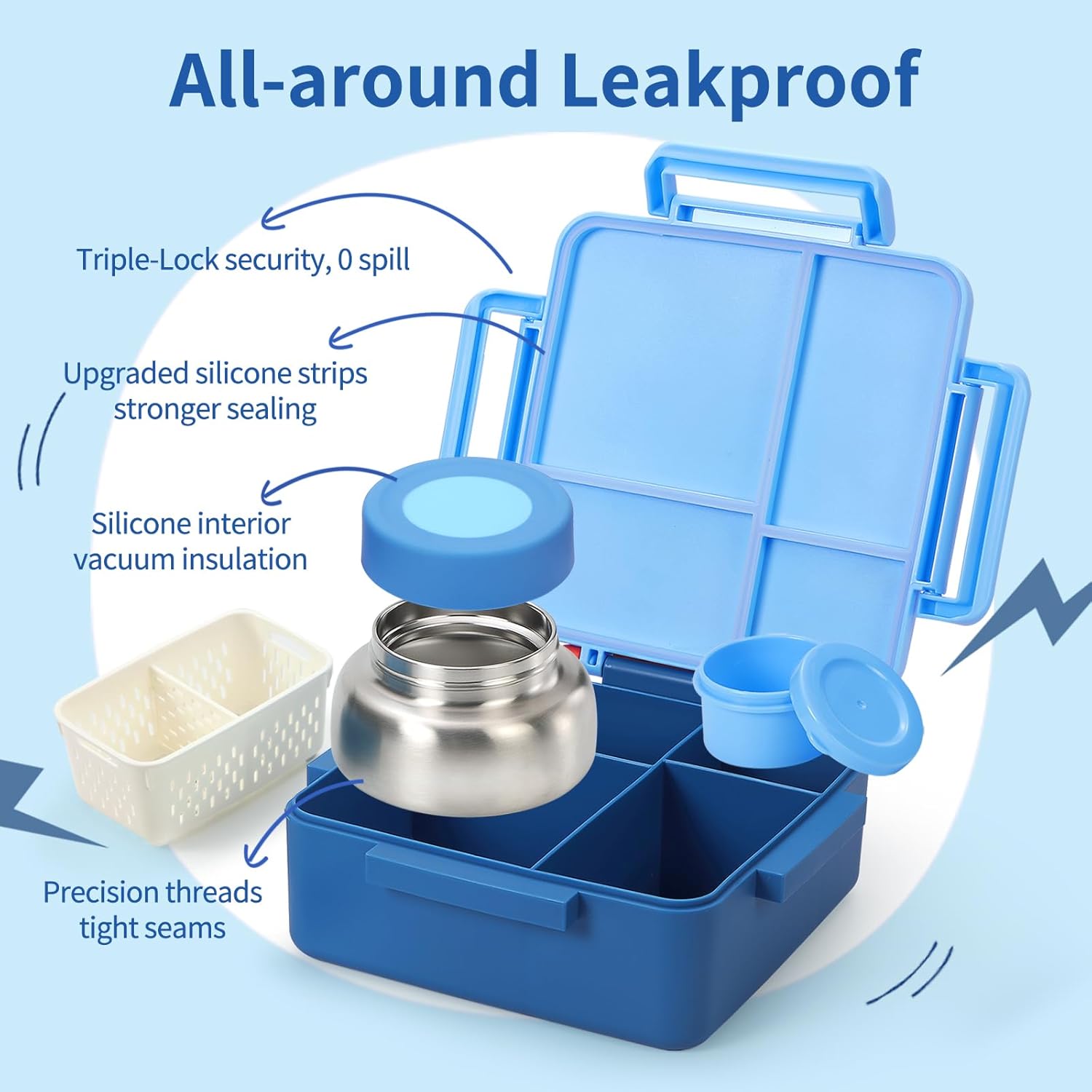 Bento Box for Kids with Thermos, [Large Capacity] Insulated Kids Lunch Box with 4 Compartment for Ages 3+, Drop-Proof & Dishwasher Safe Lunchbox Container Blue - Image 5