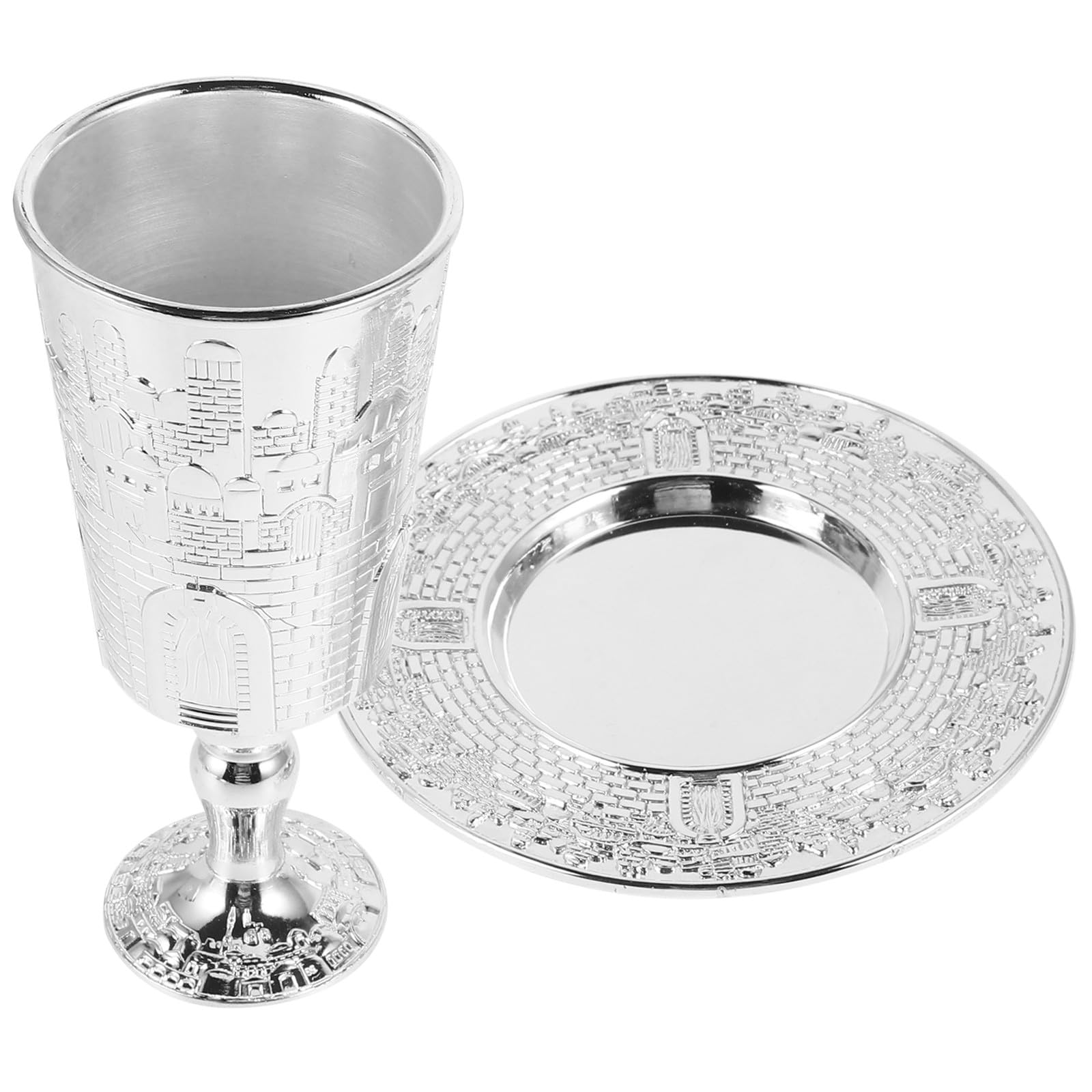 Verre à vin de Shabbat judaïque avec soucoupe et motifs Jérusalem pour Pessa'H