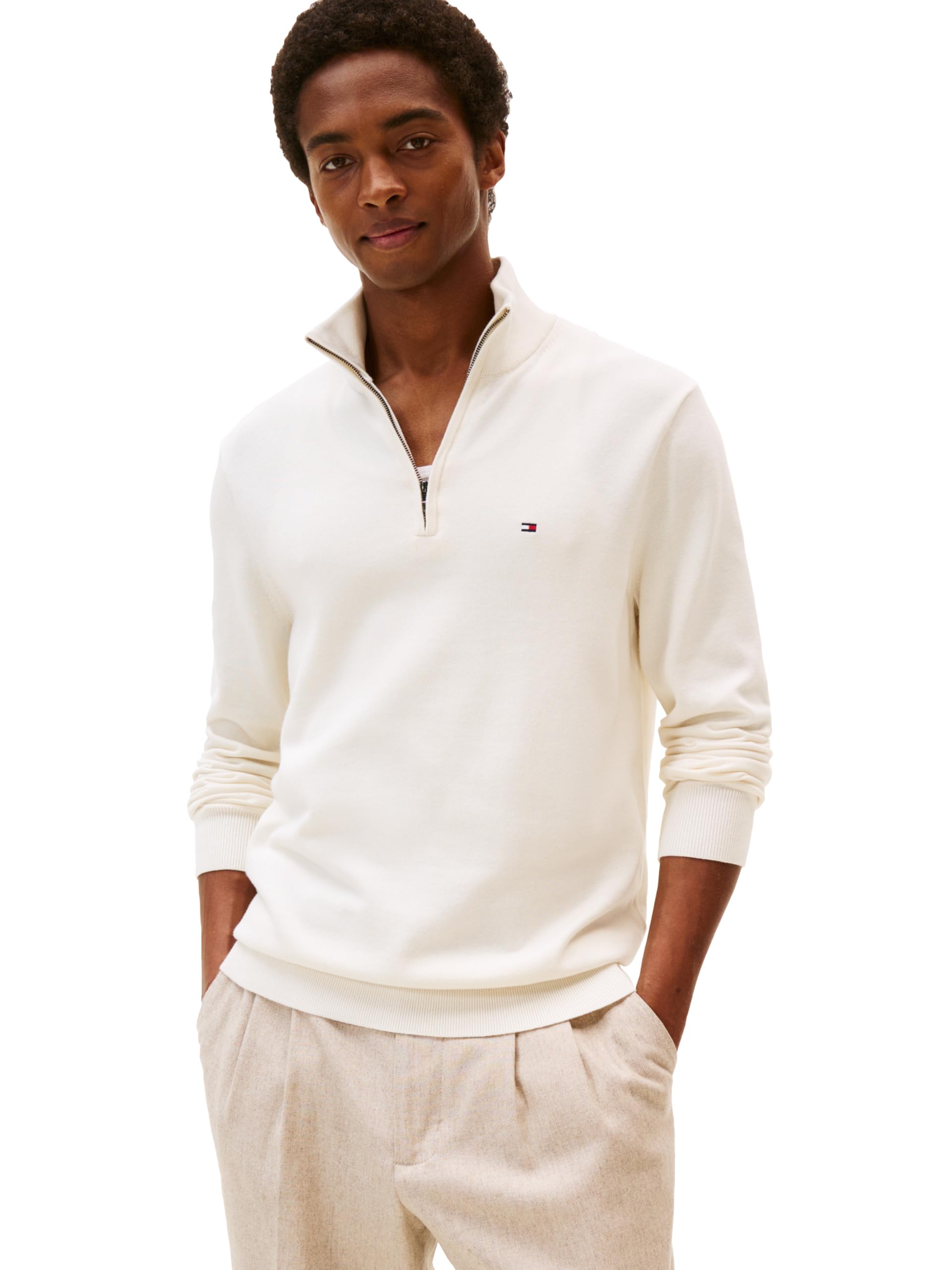 Tommy Hilfiger Men's Lightweight Pullover Quarter Zip Sweater, Ivory Petal, XXL