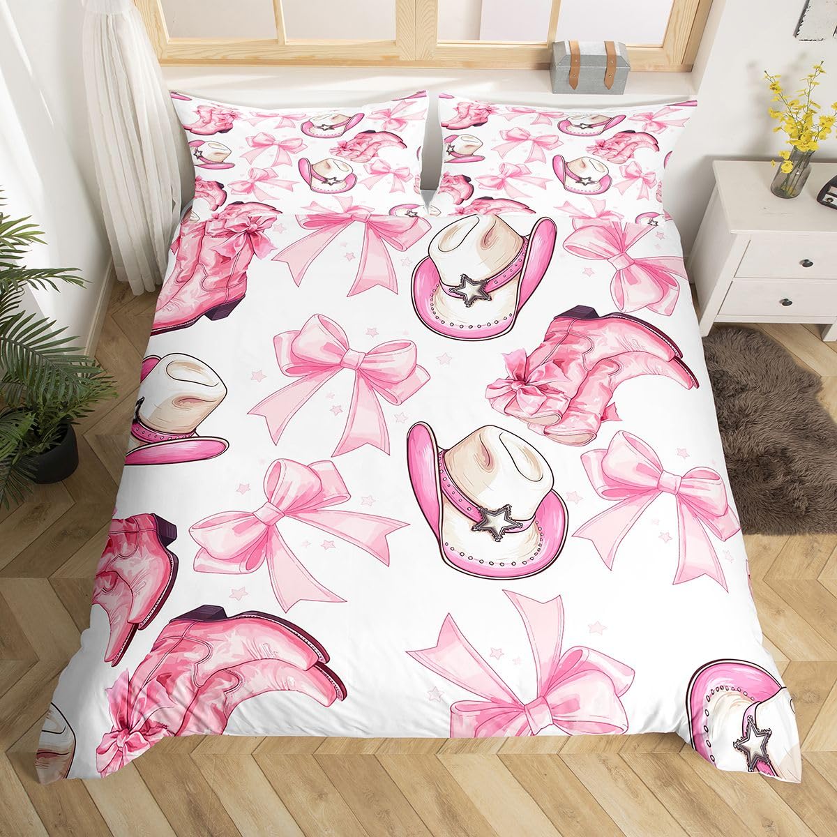 Homewish Kokarda różowa zachodnia kowbojki super king zestaw poszewek na kołdrę gwiaździsta kawaii kokardka pościel uroczy kapelusz buty poszewka na kołdrę uroczy kapelusz buty ciepłe miękkie zestawy