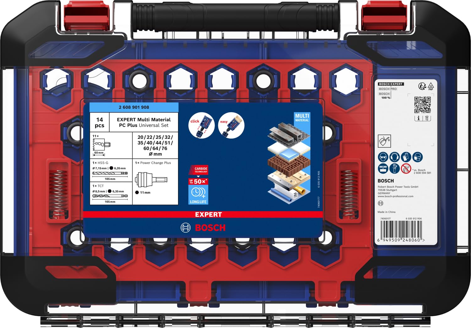 Bosch 14x Zestaw uniwersalnych otwornic EXPERT Multi Material PC Plus (do Drewno z metalem, Cegła, Ø 20, 22, 25, 32, 35, 40, 44, 51, 60, 64, 76 mm, Professional Akcesoria Wiertarki)