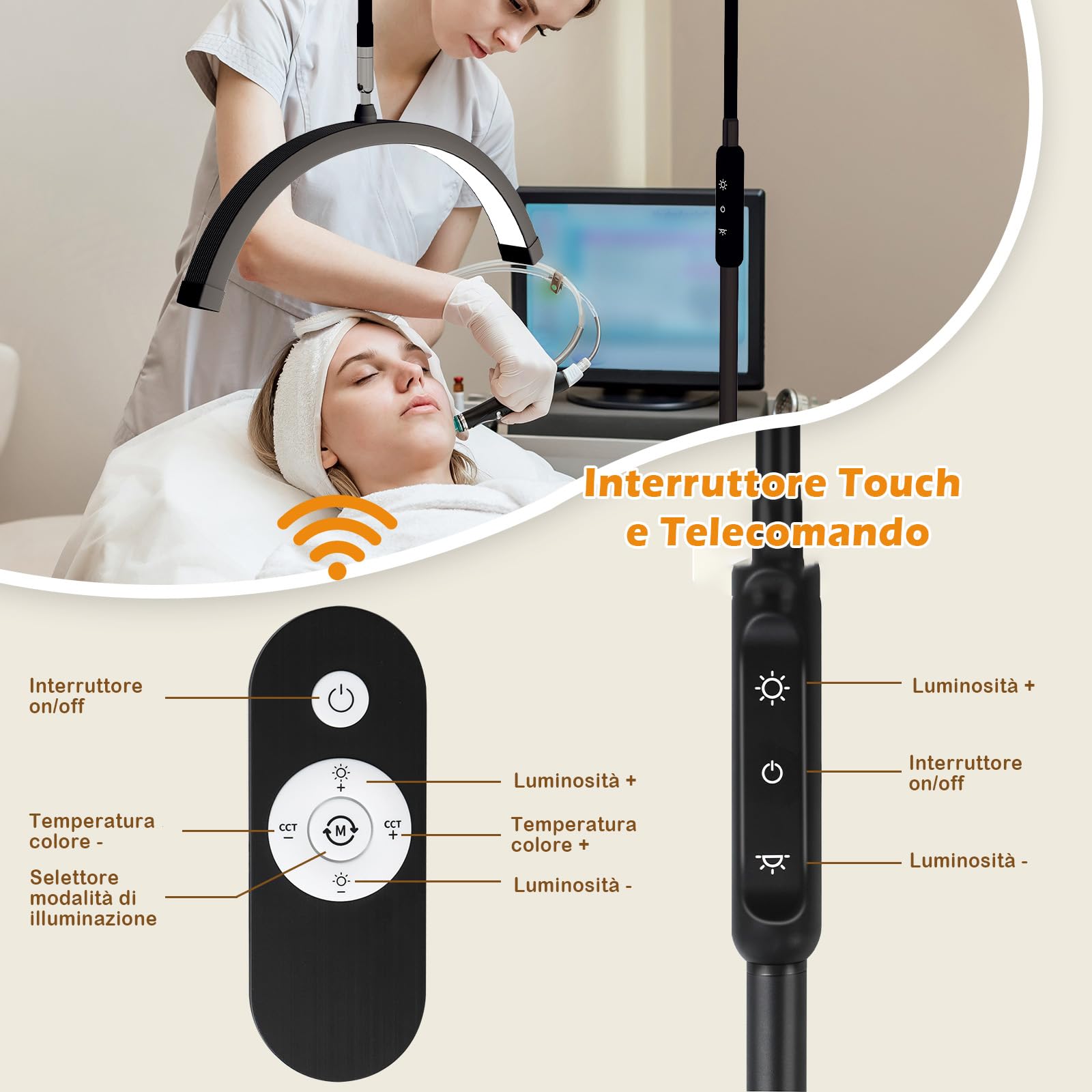 YU YUSING Lampada Estetista LED a Mezza Luna con Testa a 320 Gradi, Lampada da Terra Altezza Regolabile, 3 Modalità Colore, Lampada Smart Ciglia, Bellezza, Tatuaggi, Unghie, Vassoio rimovibile, Nero
