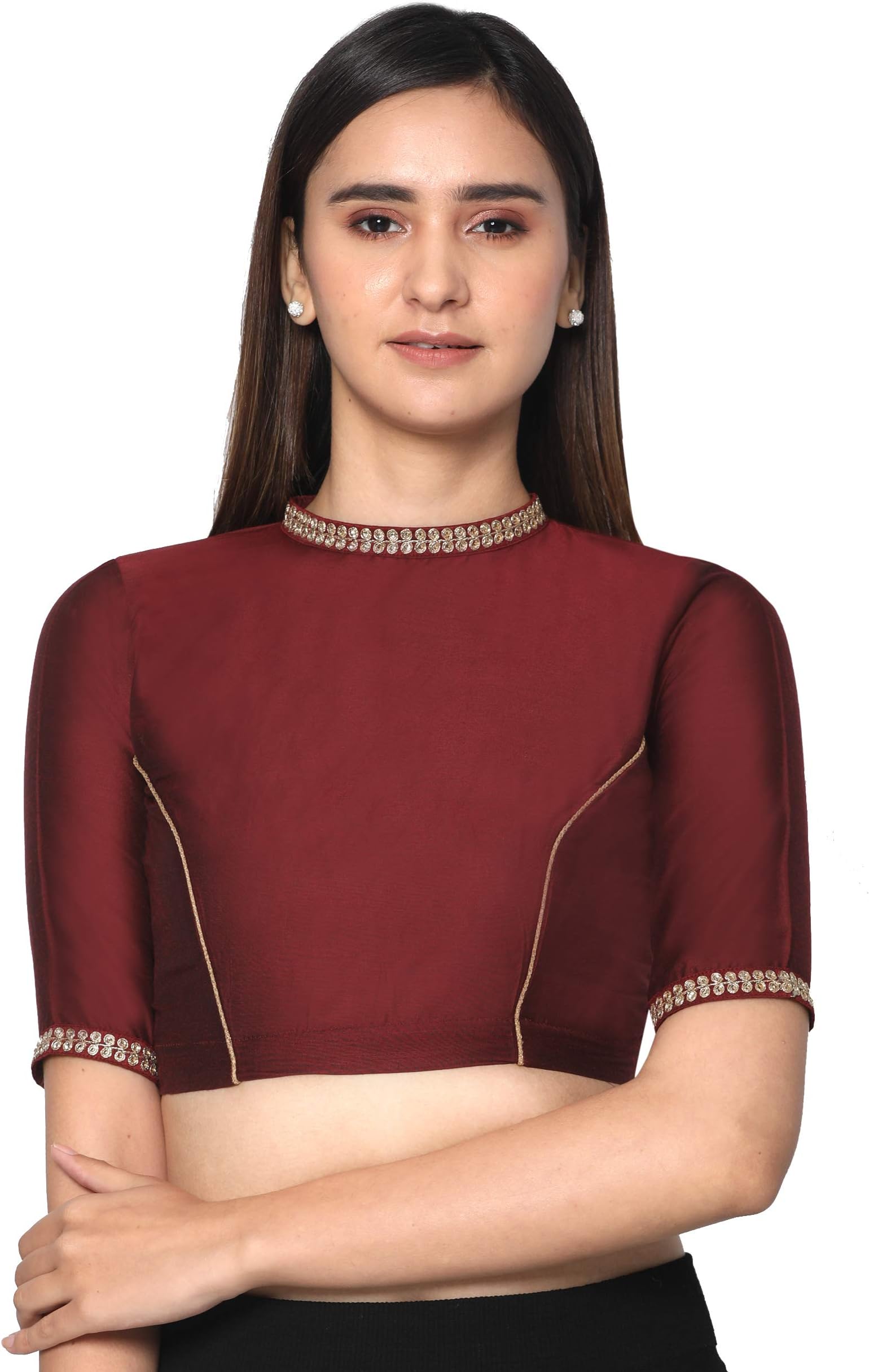 RENEWomen's Silk Half Sleeve Blouse/Choli (D-1005170-MAROON-38_Maroon_38)