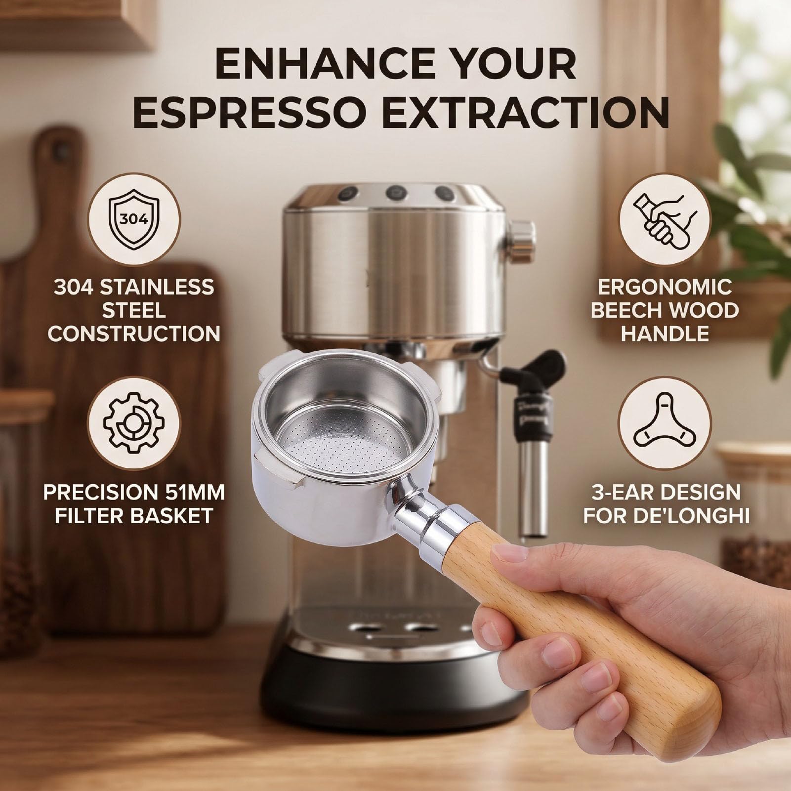 Portafiltro per caffè da 51 Mm con Manico in Legno (**Fondo