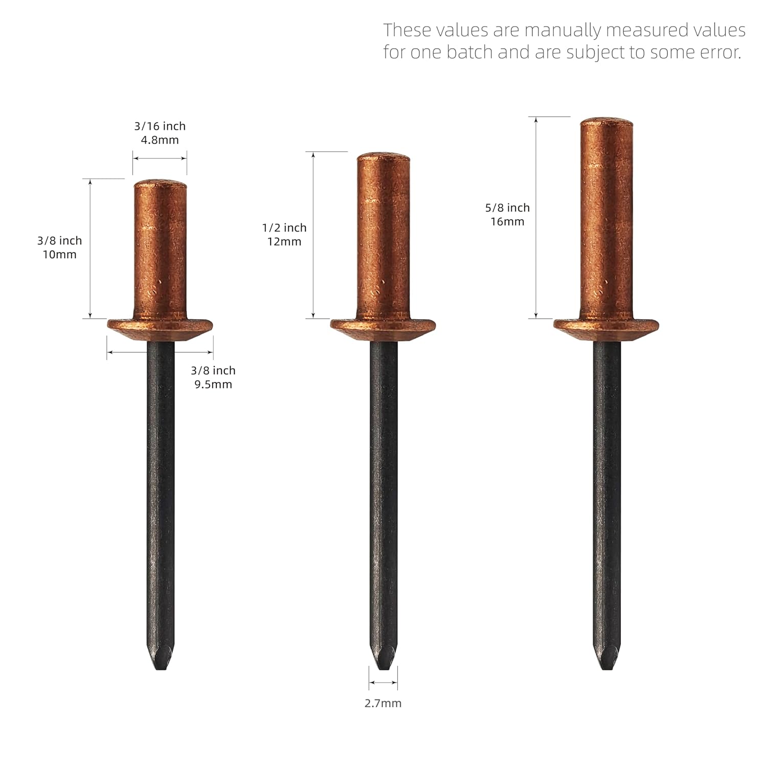 60Pcs Closed End Pop Rivets Kit, 3/16" x3/8,1/2",5/8" 3 Sizes (20 Each) - Copper Dome Head with Steel Mandrel, Sealed Blind Rivets (4.8x10,12,16mm)