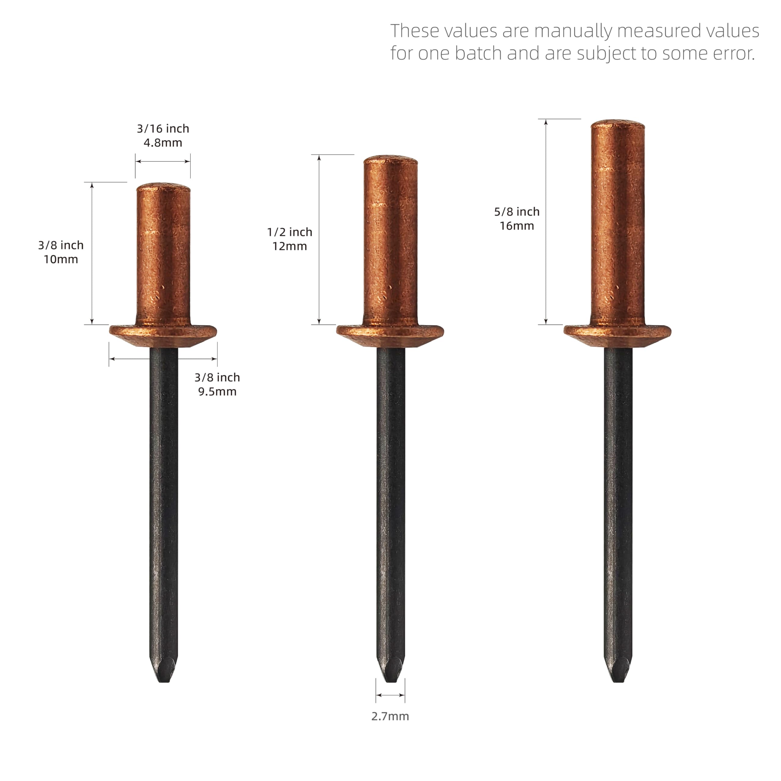 Kit de 60 remaches ciegos Pop impermeables con punta cerrada – 3 tamaños: Ø4,8 x 10/12/16 mm (20 por tamaño) – Cabeza abombada de cobre, portabrocas de acero