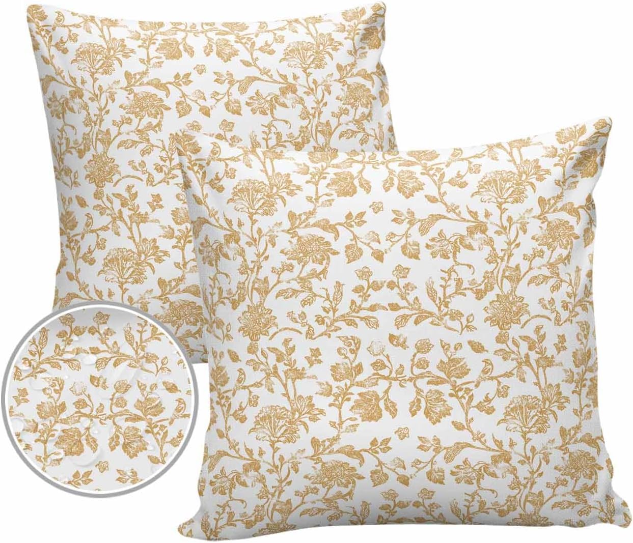 Outdoor Waterproof Pillow Covers French Country Retro Floral Decorative Throw Pillow Protectors, Ginger Seamless Flower Pillowcase Cushion Cases for Patio Sofa Garden Couch,16x16IN,Pack of 2