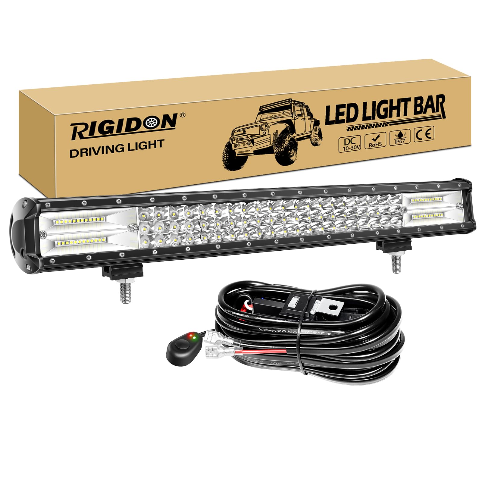 RIGIDON barra led fuoristrada 23 Pollici 58cm 324W luce con 12V cablaggio | impermeabile, tripla fila, per auto trattore camion SUV UTE ATV barca 4x4 veicoli offroad, 6000K bianca, flood spot combo