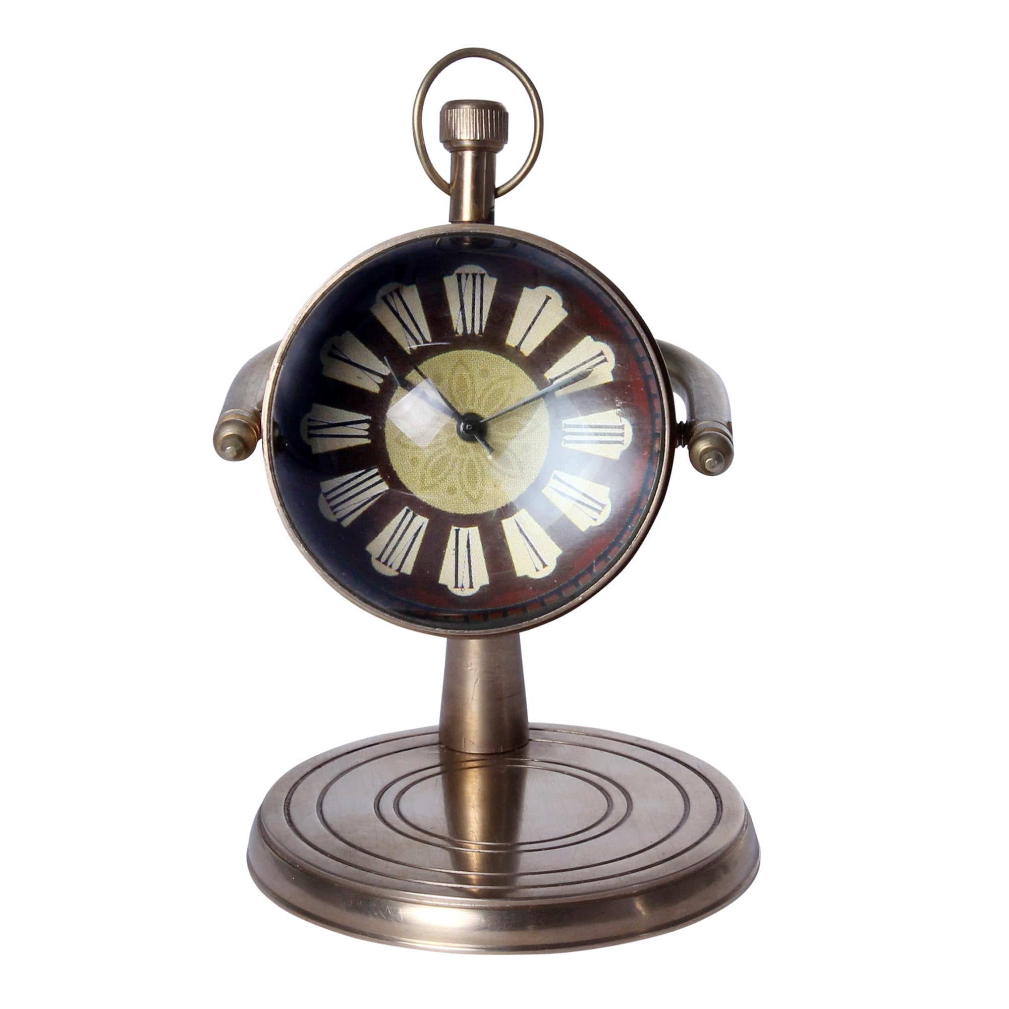 THE Unltd India Vintage Analog Desk Clock with Globe Backside, Handmade Brass 4.8"x2.8" IN Table Clock with Stand Boho Home Decor, Unique Gift for Christmas and Anniversary (Battery Operated)