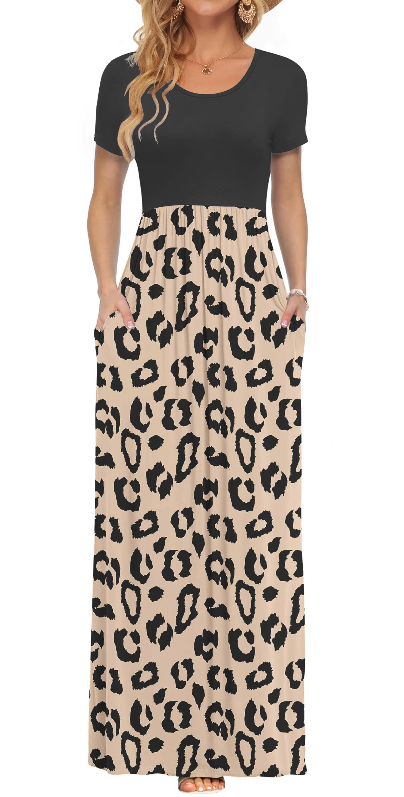 AUSELILY Damen Kurzarm Sommer Casual Long Maxi Kleider mit Taschen