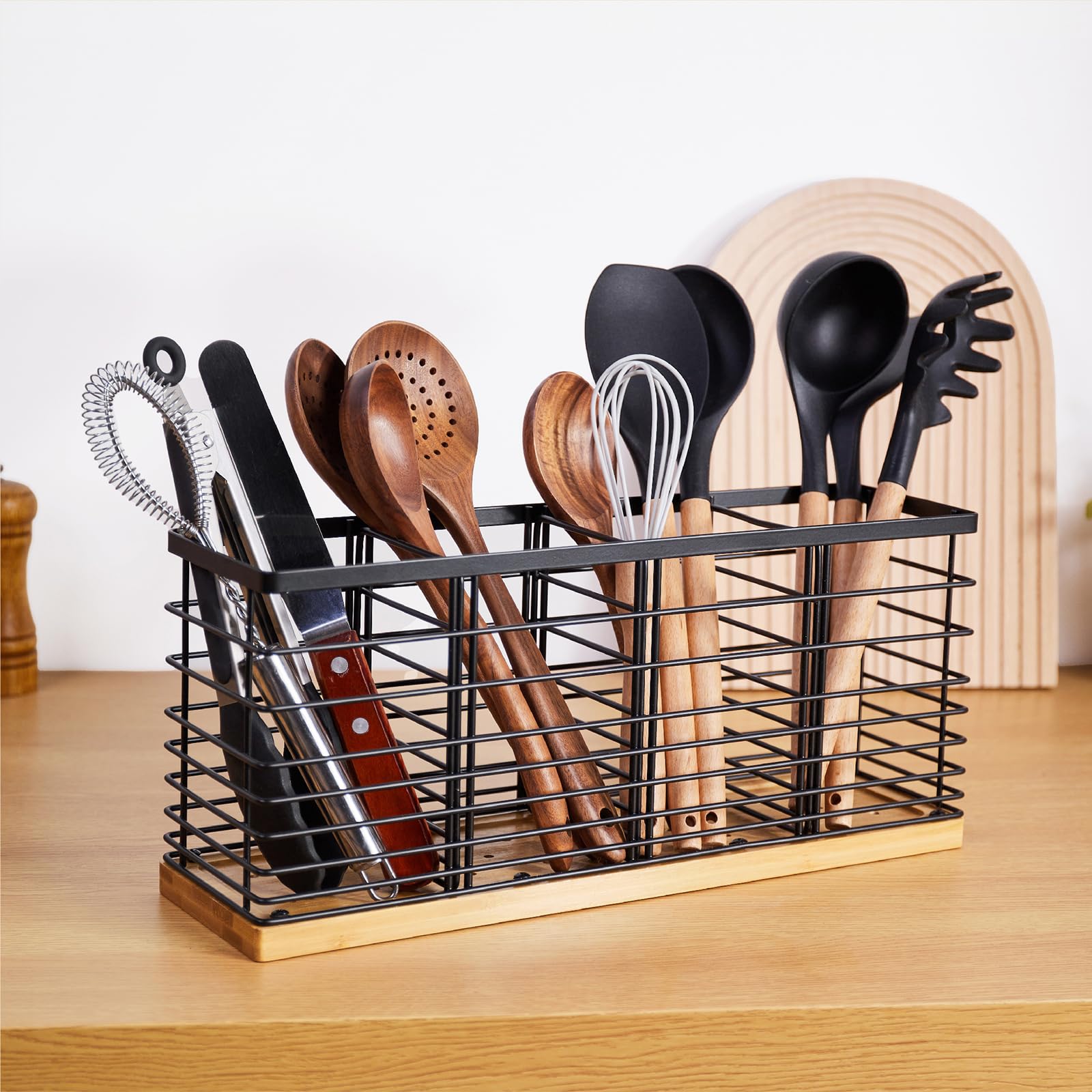 Large Utensil holder for Kitchen Counter- 15.7" x 4.2" x 6.9" Utensils Holder For Farmhouse Cooking, Utensil Caddy Spatula Holder (4 Compartments)