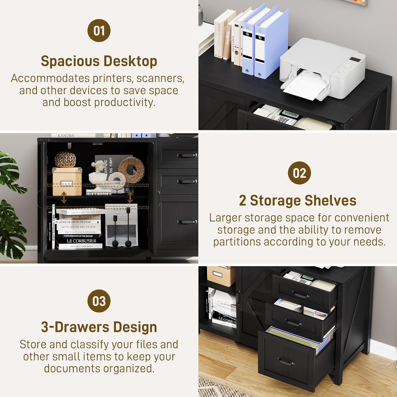 Befrases Farmhouse File Cabinet with Doors, Lateral Filing Cabinet with 3 Drawers for Letter/A4 Size Hanging Files, Large Wooden Storage Cabinet with Adjustable Shelves for Home Office, Black
