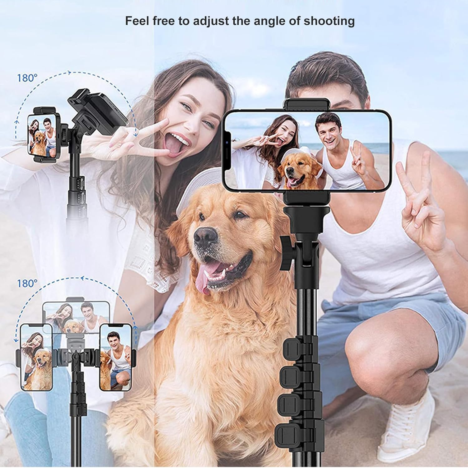 Portable Phone Tripod, 64in Aluminum Alloy Camera Stand with Remote, 360° Rotation Holder for Photography and Video Recording