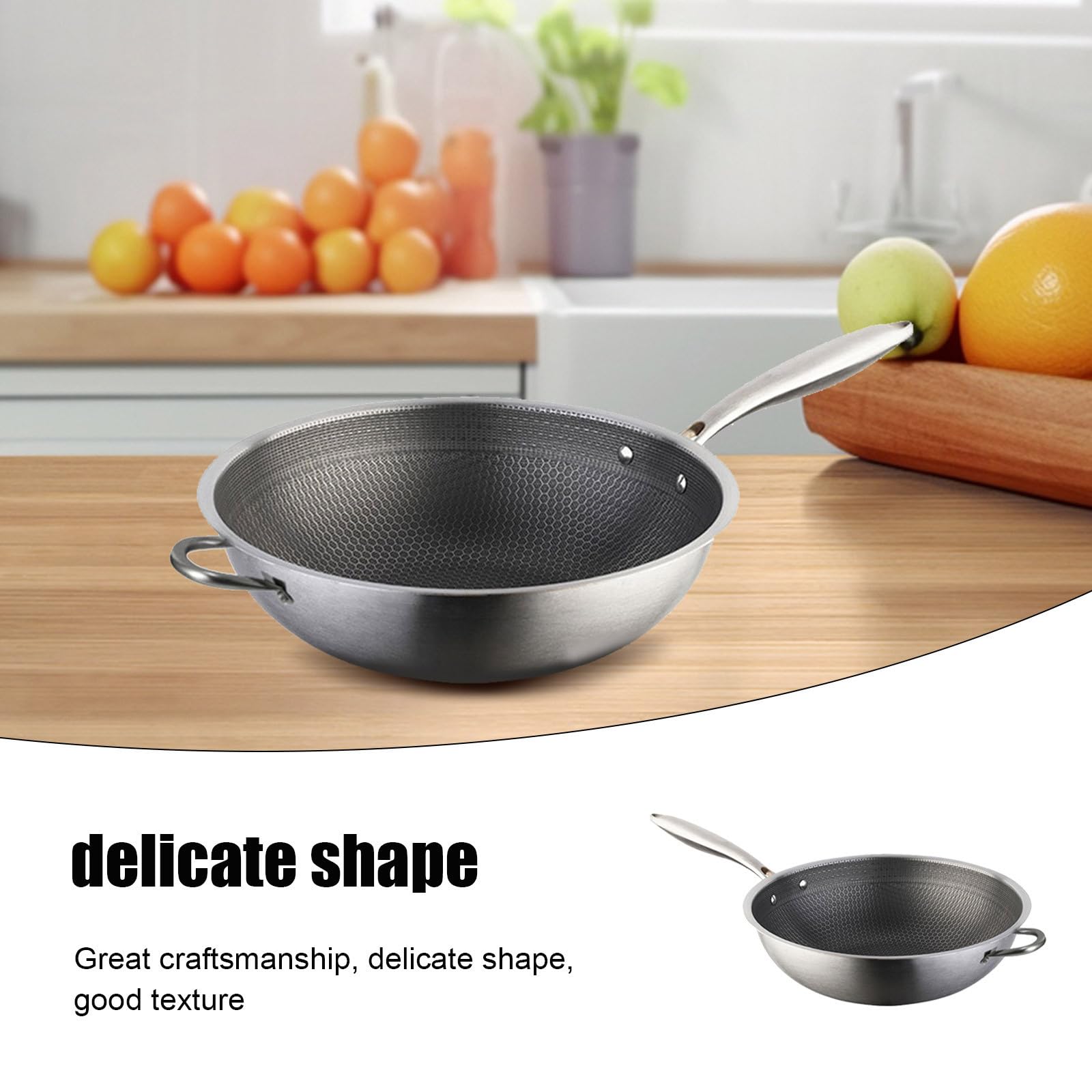 Wok in Rivestimento Antiaderente e Fondo Piatto Acciaio Inossidabile Antigraffio Cucine a Induzione e Uso Quotidiano