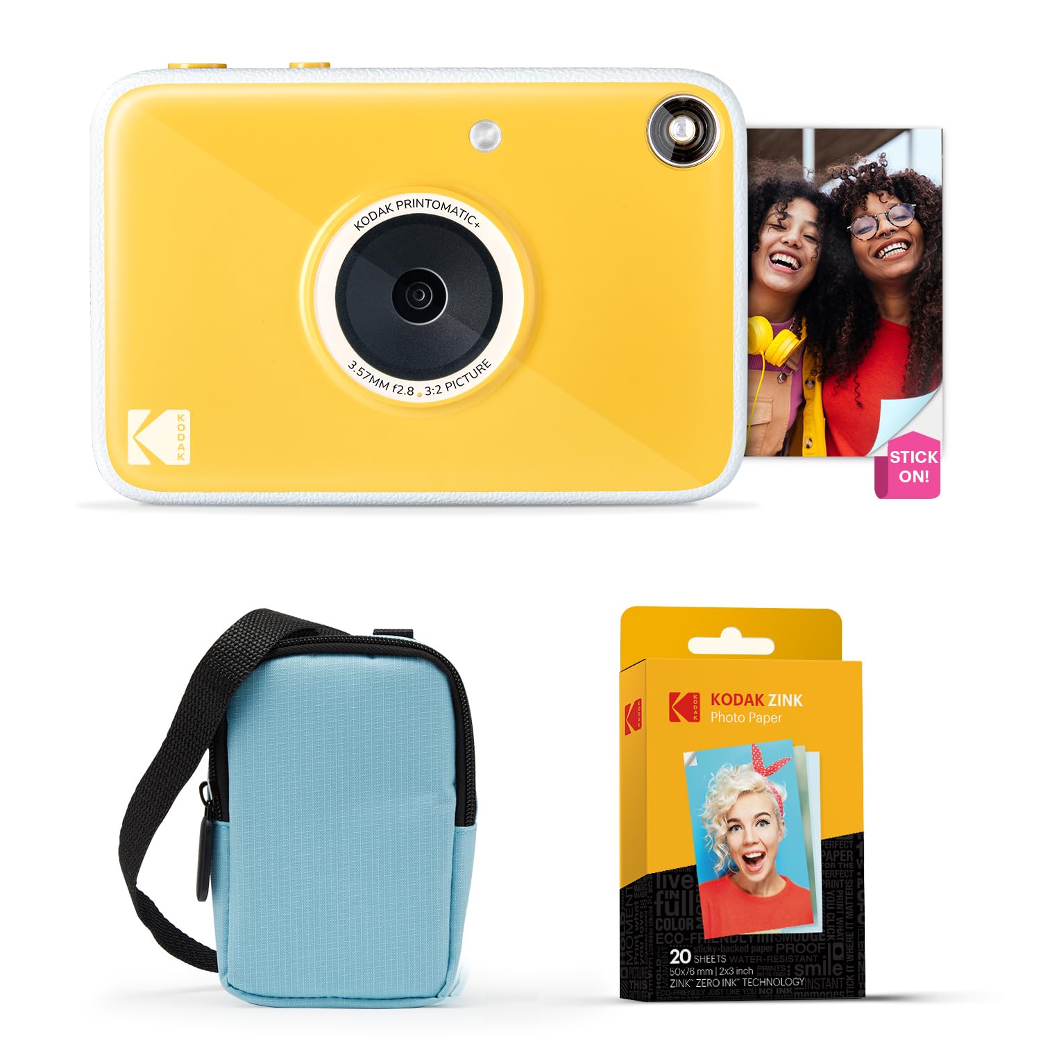 Kodak Printomatic+ Appareil Photo Instantané 10MP Pack de Démarrage (Bleu) avec Étui, LED RVB et Papier Photo Zink 20 Feuilles – Jaune