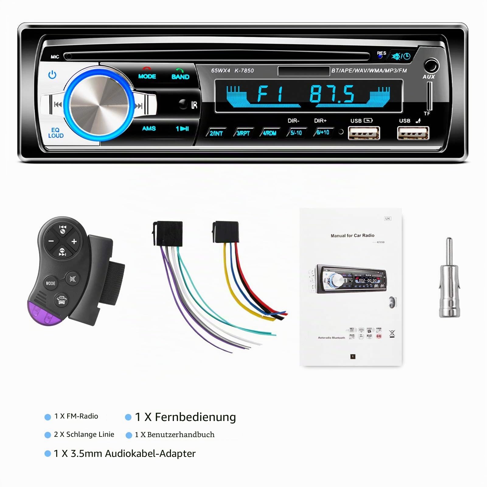 Autoradio mit Bluetooth Freisprecheinrichtung, 65W*4 Bluetooth Autoradio 1 Din mit Lenkrad-Fernbedienung, FM/MP3-Player/2*USB/TF/AUX Audio/Antenna Adapter (Keine CD)
