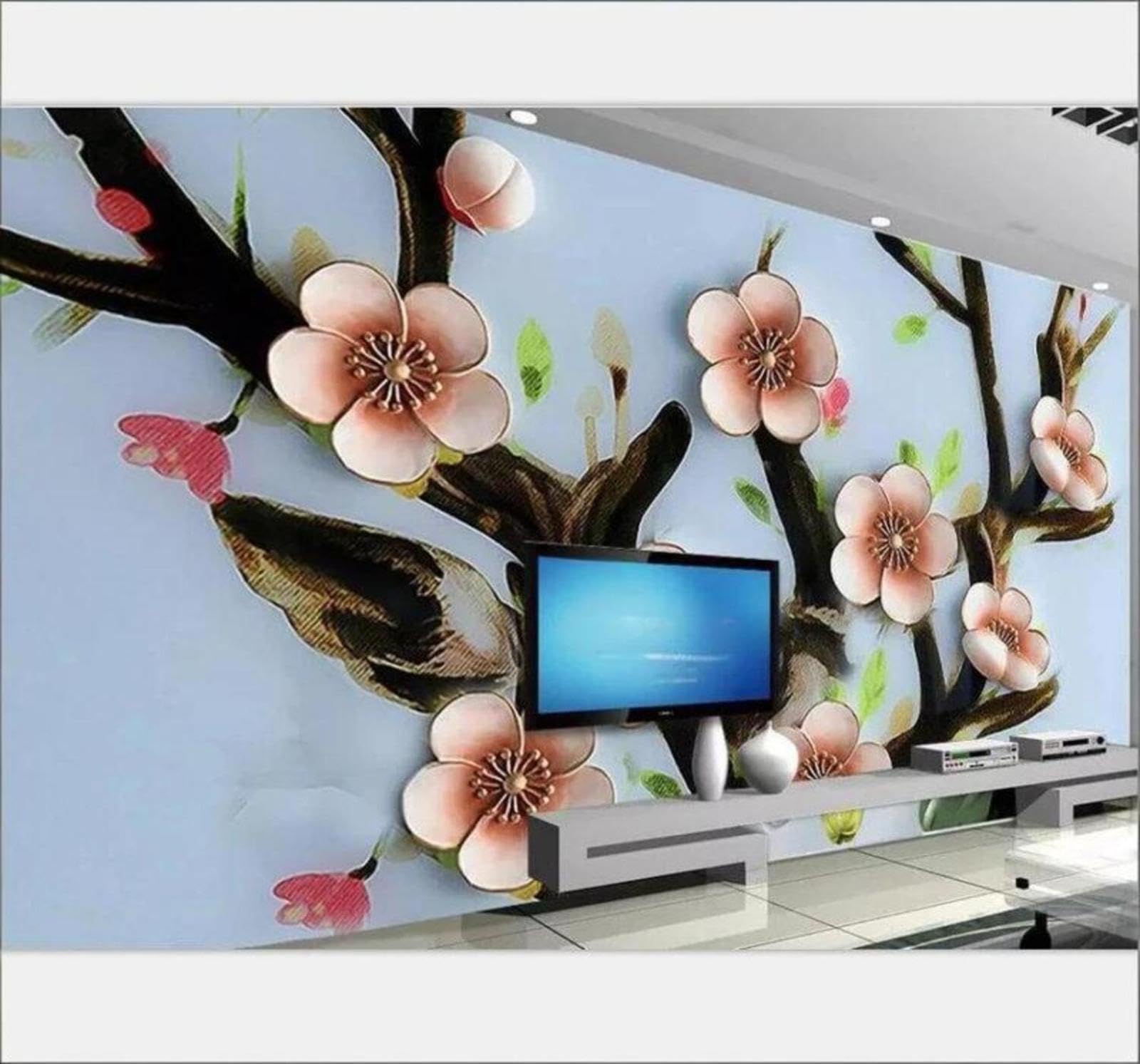 Wallpaper-3D-Xlm 350Cm×256Cm(B×H) Relief Vintage Three Dimensional Plum Blossom Art 3D Wallpaper Easy Install Feature Office Living Room Sofa Bedroom Tv Background Wall Decoration-350Cm×256Cm