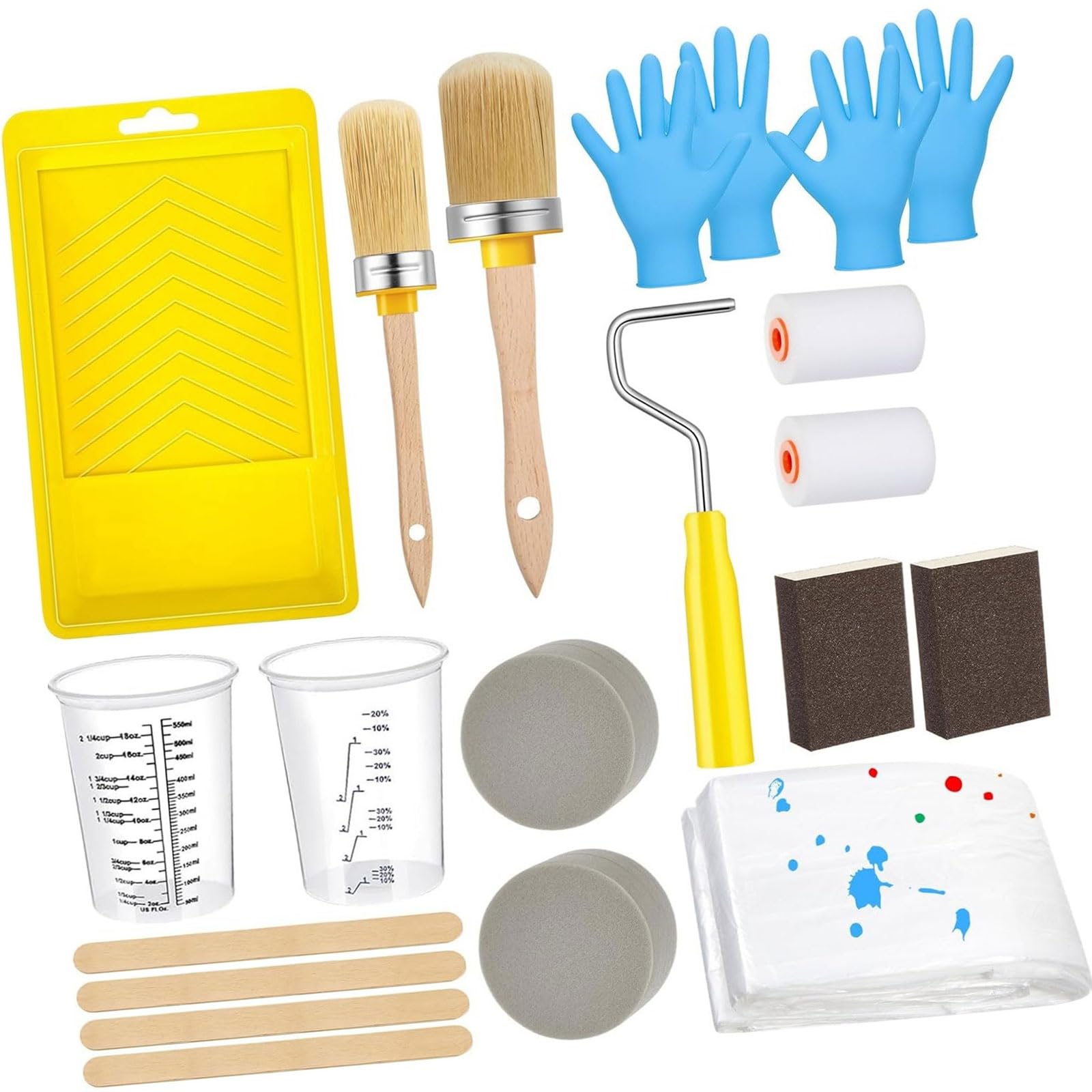 Kalttoy 21Pieces Paint Brush And Roller Set For Cabinet Furniture Painting With Sponge Applicators Foam Rollers And Mixing Cups Paint Stir Sticks
