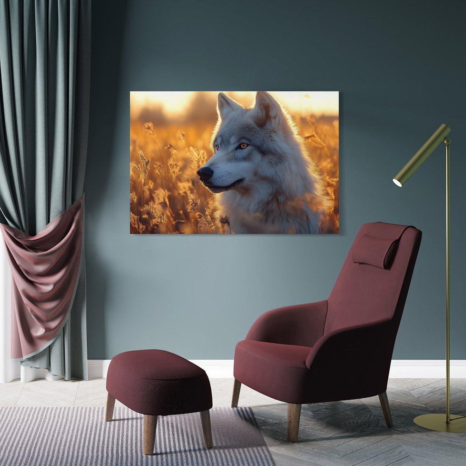 Junmoney Wolf in Golden Field at Sunset Canvas Wall Art, 24x36inch(60x90cm), for Wall Displays, Bedrooms Or Room Updates, Ideal for Building A Coordinated Art Wall