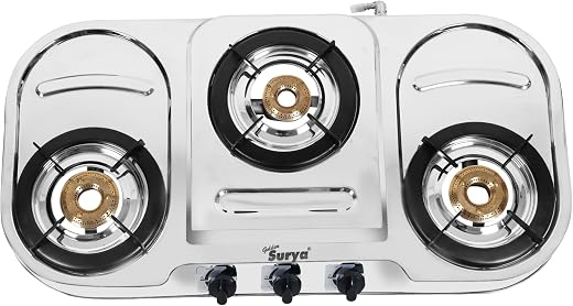 Golden Surya 3 Burner Gas Stove for PNG with Brass Burners, Premium Stainless Steel Body, Manual Ignition, ISI Certified (Dura PNG)