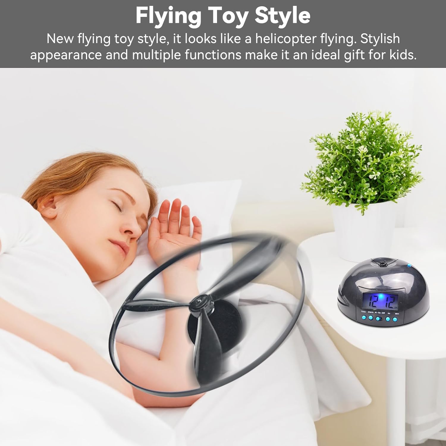 Flying Alarm Clock with Helicopter Propeller – Moving Alarm Clock on Wheels for Heavy Sleepers, Digital LED Run Away Gadget Clock, Creative Gift for Bedroom & Office Use