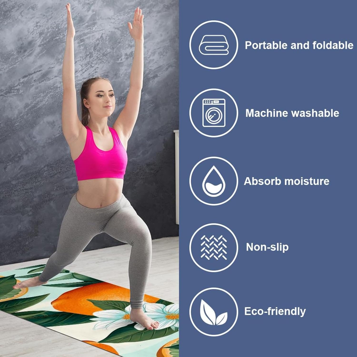 Yoga Towel, Orange Pattern Non Slip Sweat Absorbent Hot Yoga Mat Towel for Hot Yoga, Pilates and Fitness - 72.8" x 26.8"