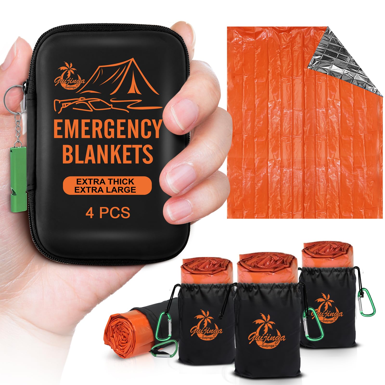 Paquete de 4 mantas de emergencia, manta térmica compacta e impermeable para supervivencia al aire libre, senderismo, camping y situaciones de emergencia (naranja, paquete de 4)