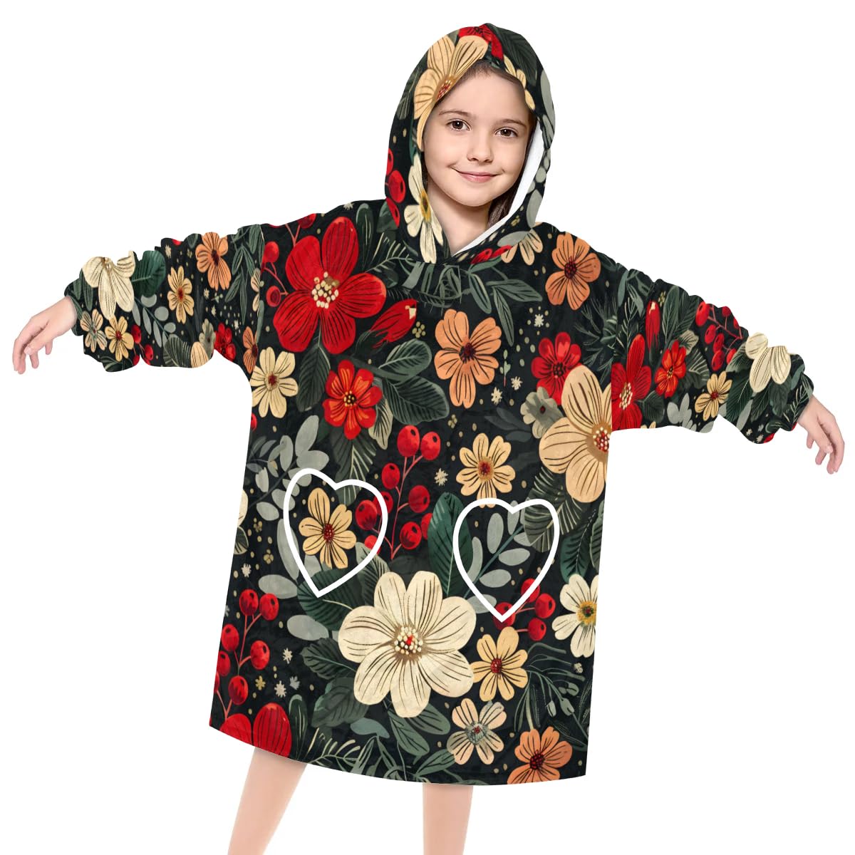 Pardick Wearable Blanket Hoodie for Kids, Watercolor Flower Fleece Sweatshirt Blanket Oversized Blanket Sweatshirt with Pocket Flannel Warm Hooded Blanket 6-10 Year Old Girl Boy Gift, One Size