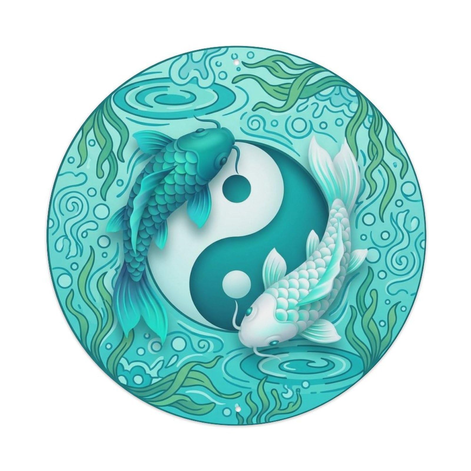 Olyhtr 8X8inch Classic Style Yin Yang Koi Teal Bagua Harmony Japanese Metal Tin Sign