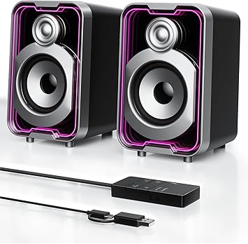 SOULION 10W USB Powered Wired Bluetooth 2.0 Computer Speakers | 2.0 PC Speakers, Easy-Control Pod, 5 Mirror-Like LED Light Modes, for Monitor Laptop Desktop Gaming Music