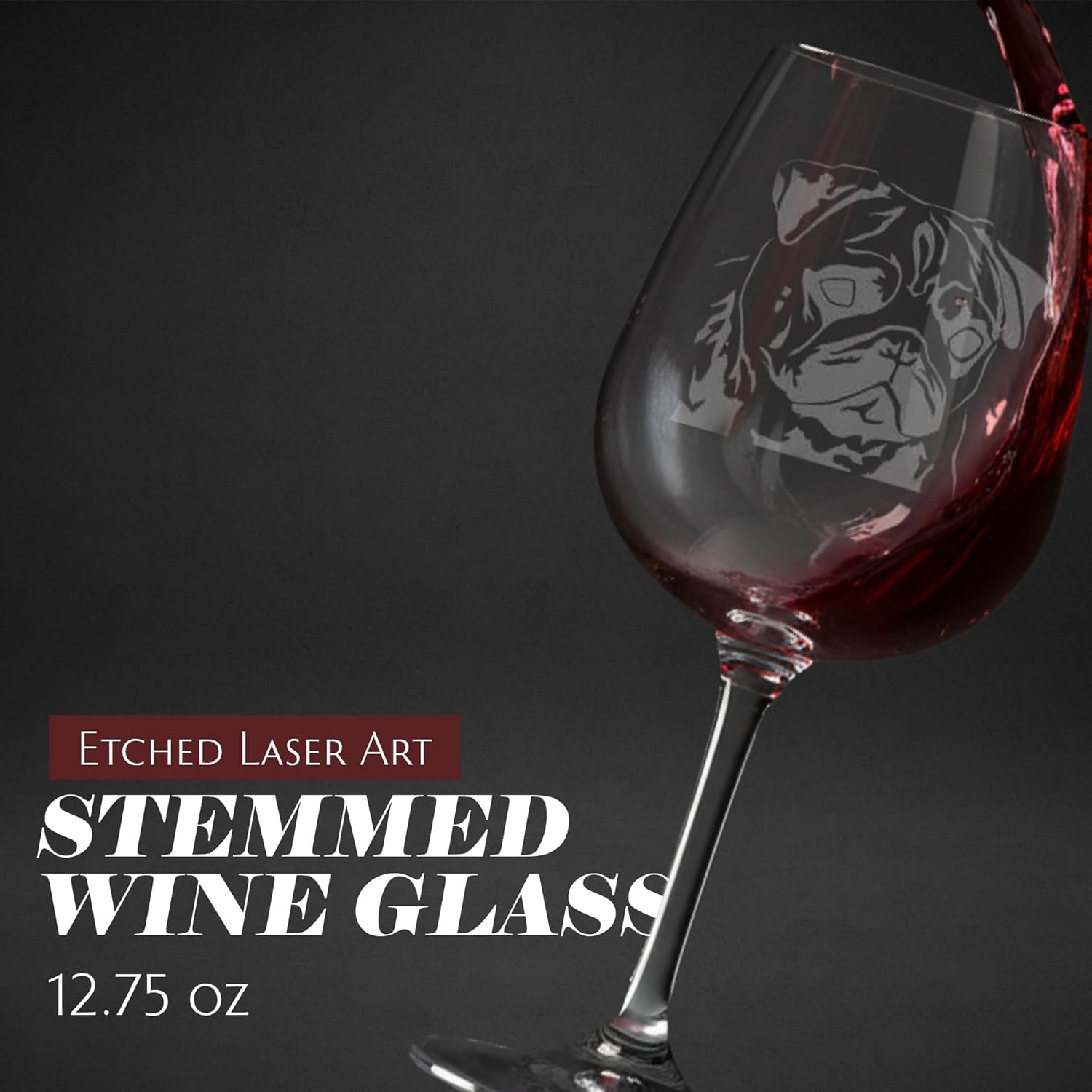 Etched Laser Art Personalized Dog Themed Etched Wine Glass - Custom Dog Breed Wine Glasses, Ideal for Pet Lovers, Unique Birthday Gift for Men & Women, Personalized Gift - Pug, 12.75 oz - Image 2