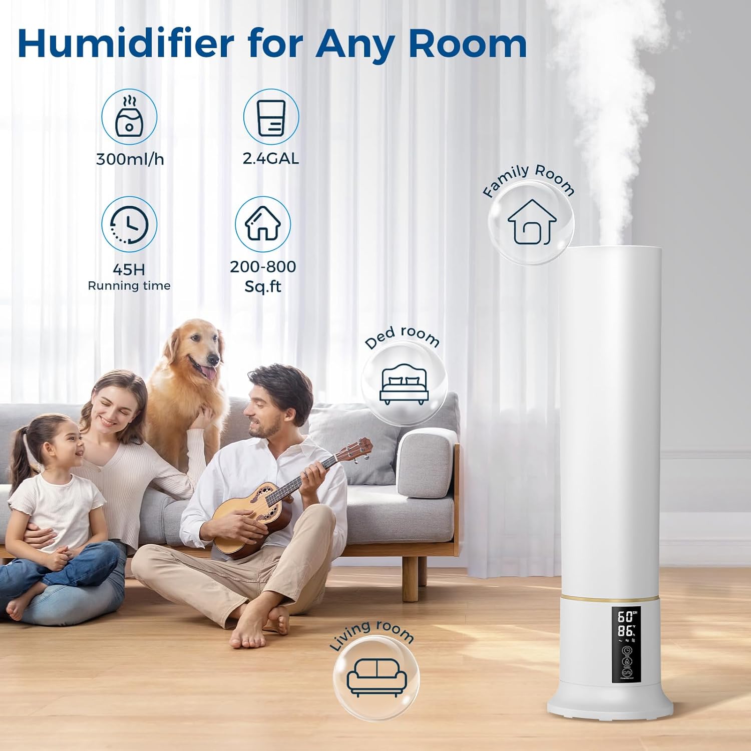humidifier large room,2.4gal cool mist humidifiers for bedroom 9l high capacity 24db quiet air humificador fit removable water tank 360° adjustable, top fill & easy clean with remote control ?white? white large