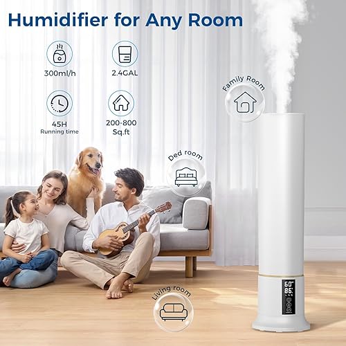 Miniatura 2 de Humidificador de habitación grande, humidificadores de niebla fría de 2.4 galones para dormitorio, 9 L, alta capacidad, 24 dB, humidificador de aire