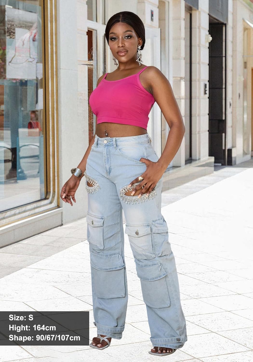 DINGANG Women's High Waisted Cargo Jeans Rhinestones Bling Stretchy Baggy Denim Pants with Flap Pockets - Image 5