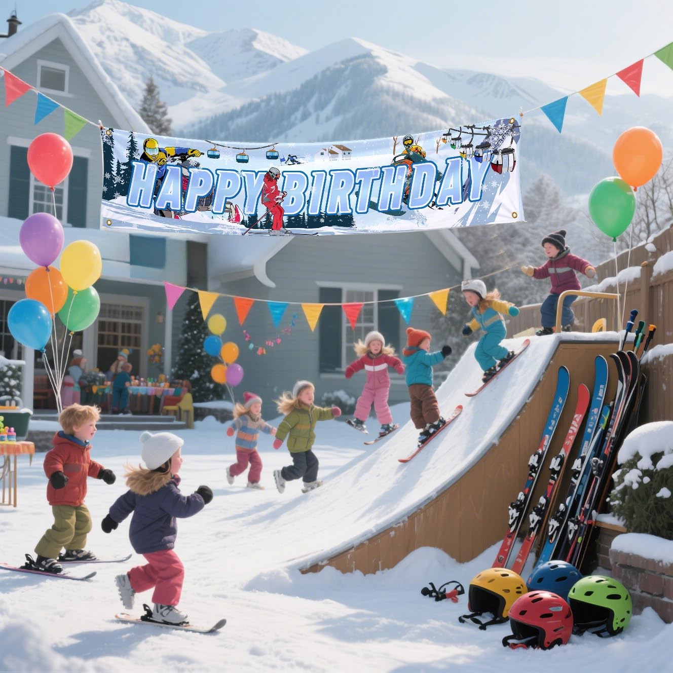 Skiing Happy Birthday Banner Skiing Party Yard Sign Decorations Skiing Yard Banner for Winter Sports Themed Birthday Party Supplies Snow Skier Themed Party Backdrop Photo Booth