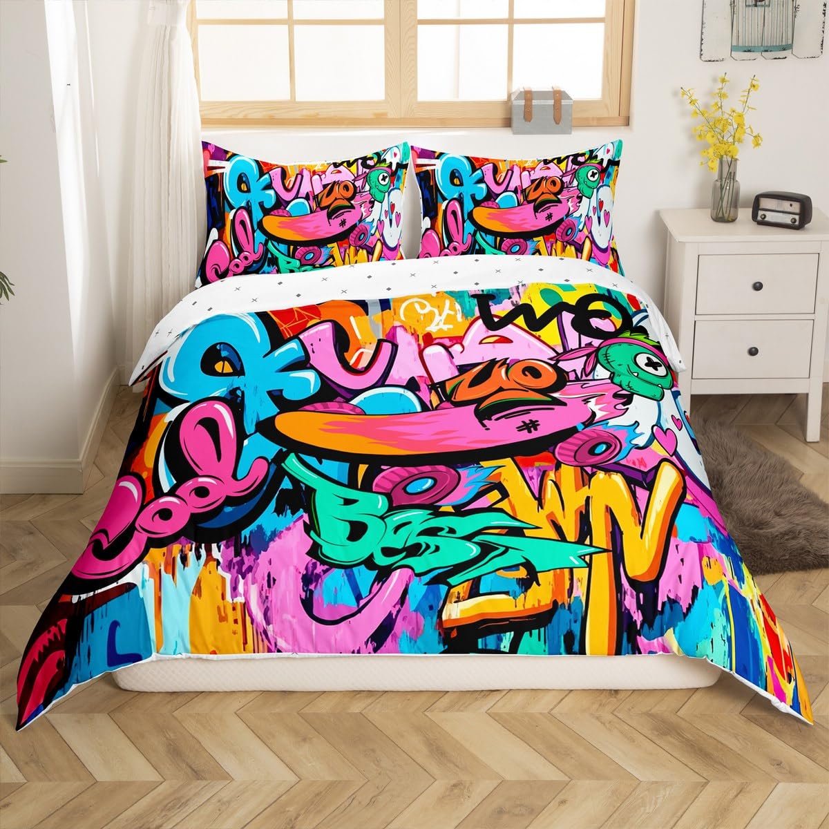 Homemissing Hippie Graffiti Duvet Cover Set Super King Size For Kids Boys Girls Teens Hip Hop Pattern Bedding Set Graffiti Graphic Comforter Cover with 2 Pillowcases Grunge Art Decor Bed Sets — image 1