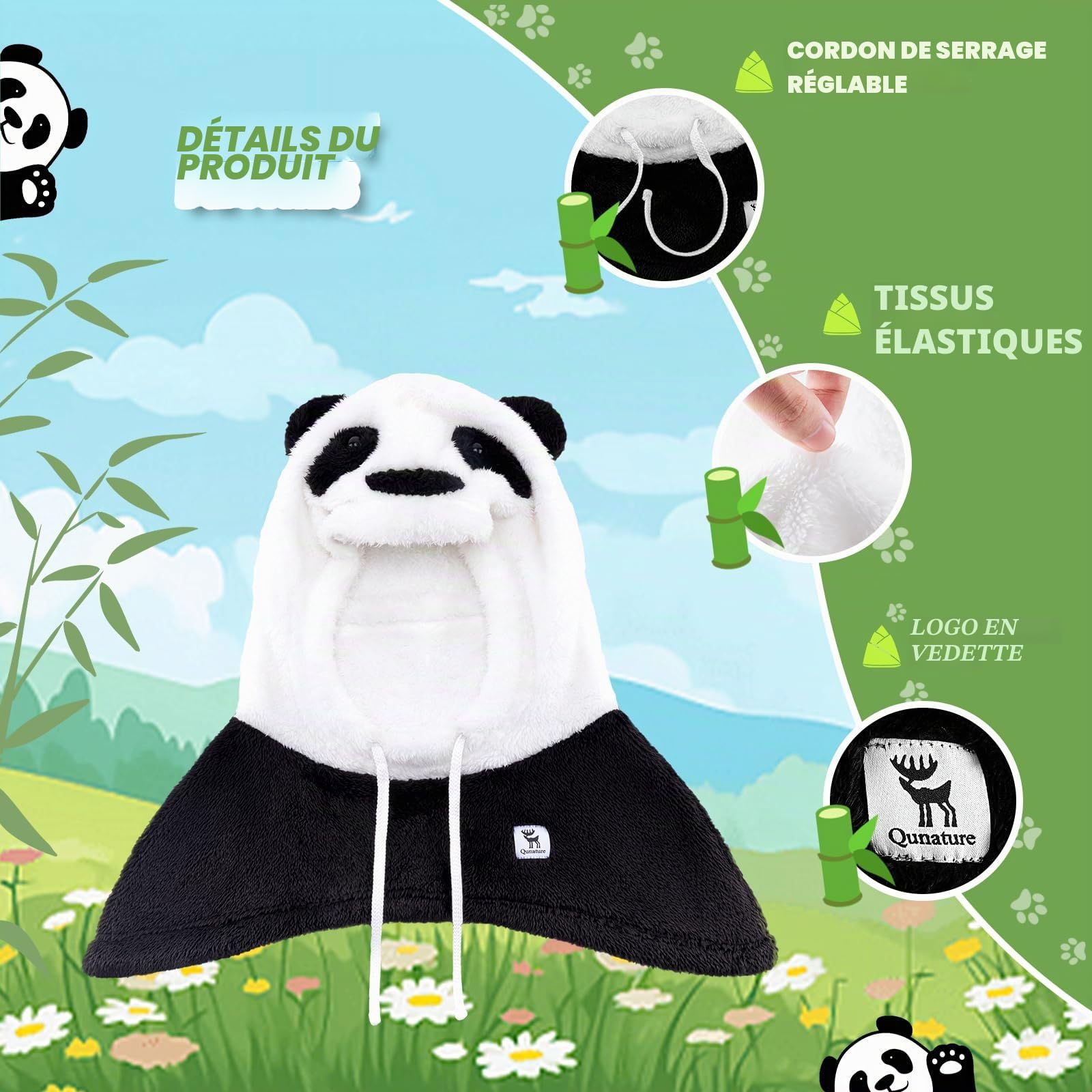 Cagoule Panda Parent-Enfant Hiver Masque Intégral Écharpe 2 en 1 Balaclava Épais Coupe-Vent Charmant Polaire Réversible Moto Vélo Ski avec Casque Casquette Cordon Serrage Noir Blanc S/M/L
