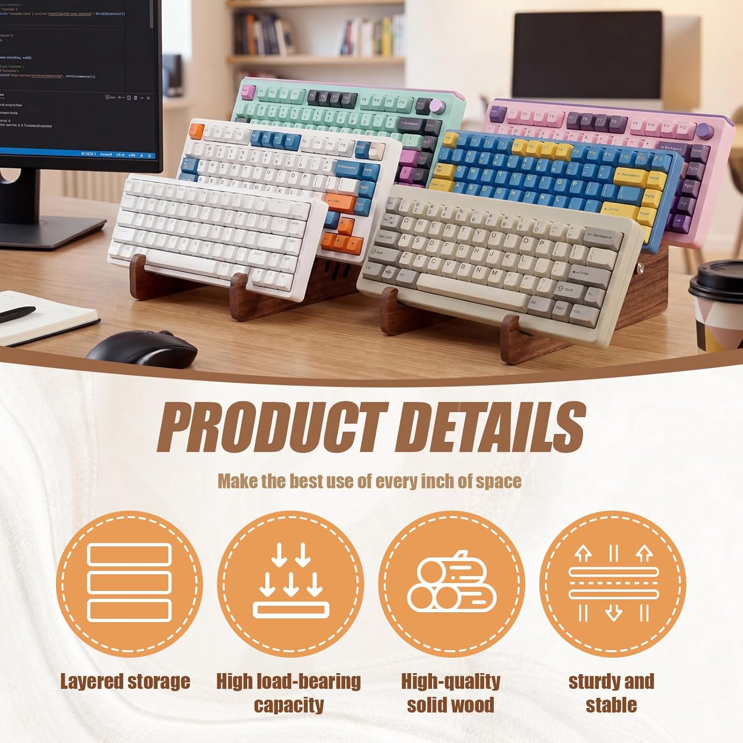 Novabright 2 Set Keyboard Display Stand, 3-Tiers Wooden Mechanical Keyboard Stand Holder for Desk Keyboards Display Shelf Tray for Computer Tablet Picture Frame Desktop Storage Decor
