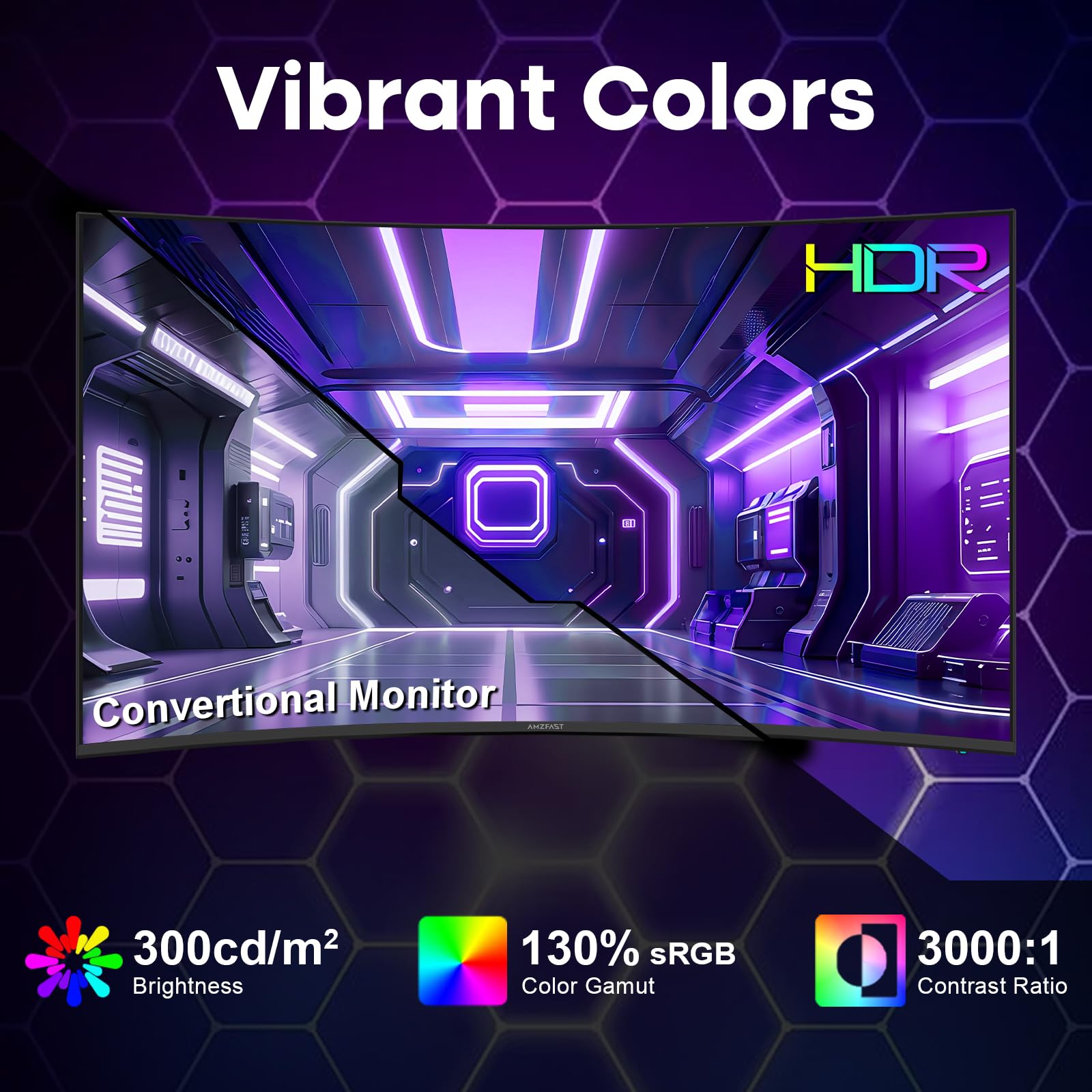 Amzfast Monitor da gioco curvo da 27 pollici, 200 Hz, monitor per computer FHD 1080p con altoparlanti integrati, MPRT da 1 ms con pannello VA veloce | 130% sRGB, 3000: 1.1500R | 12 mesi di garanzia
